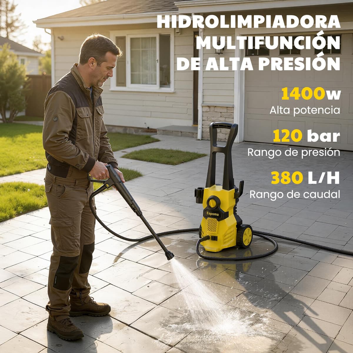 Espoma Hidrolimpiadora de Alta Presión, 120 Bar, Caudal de 380 l/h, área de Trabajo 30 m²/h, Ideal para Hogar, Jardín y Coche –Incluye Manguera de 7m, Bomba de Aluminio, Radio de Acción 12m — view 2