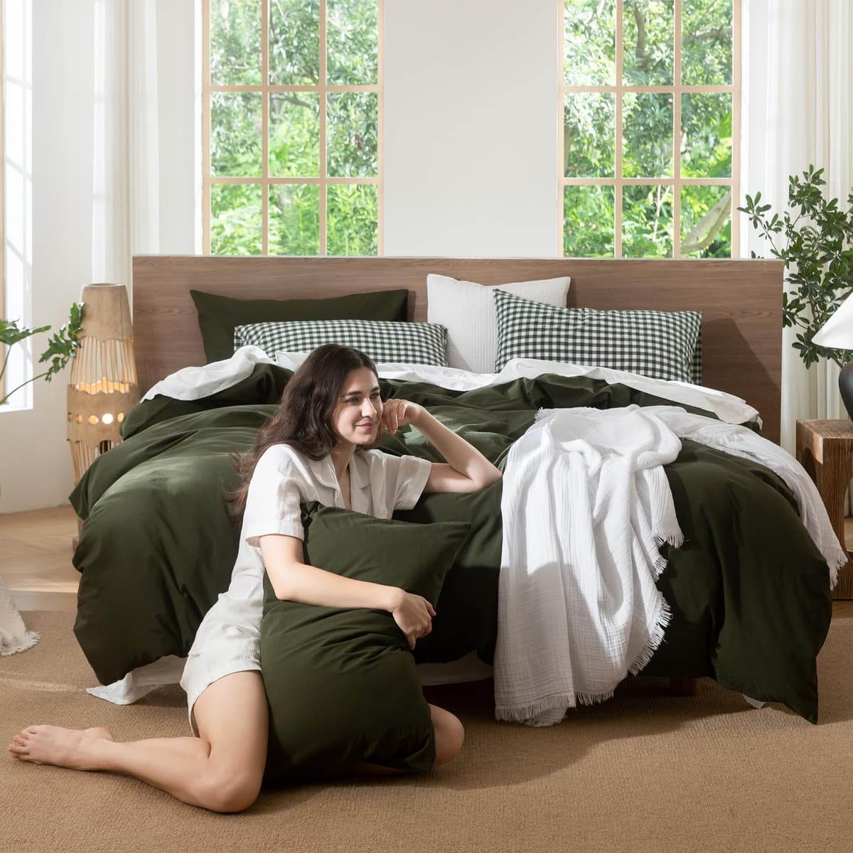 MooMee Bedding Duvet Cover Set 100% Washed Cotton Linen Like Textured Breathable Durable Soft Comfy (Tannish Linen Grey, King) — view 15