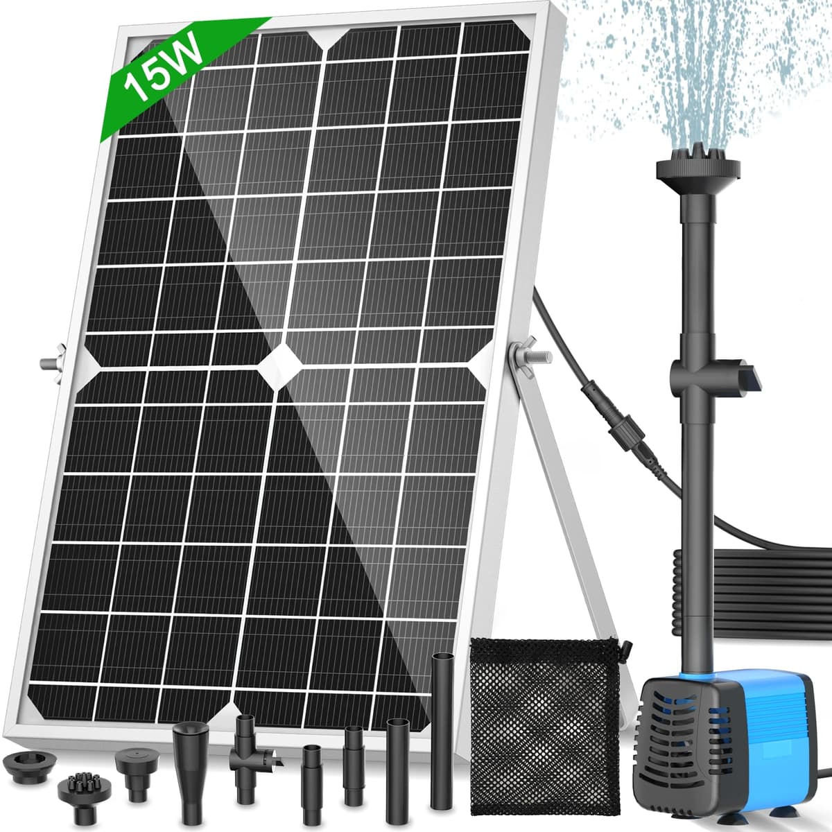 Solar Pond Pump, 15W Solar Fountain Pump with 720L/h Flow, 16.5Ft Extendable Power Cord, 4 Spray Styles & Debris Barrier Bag – Perfect for Ponds & Water Features