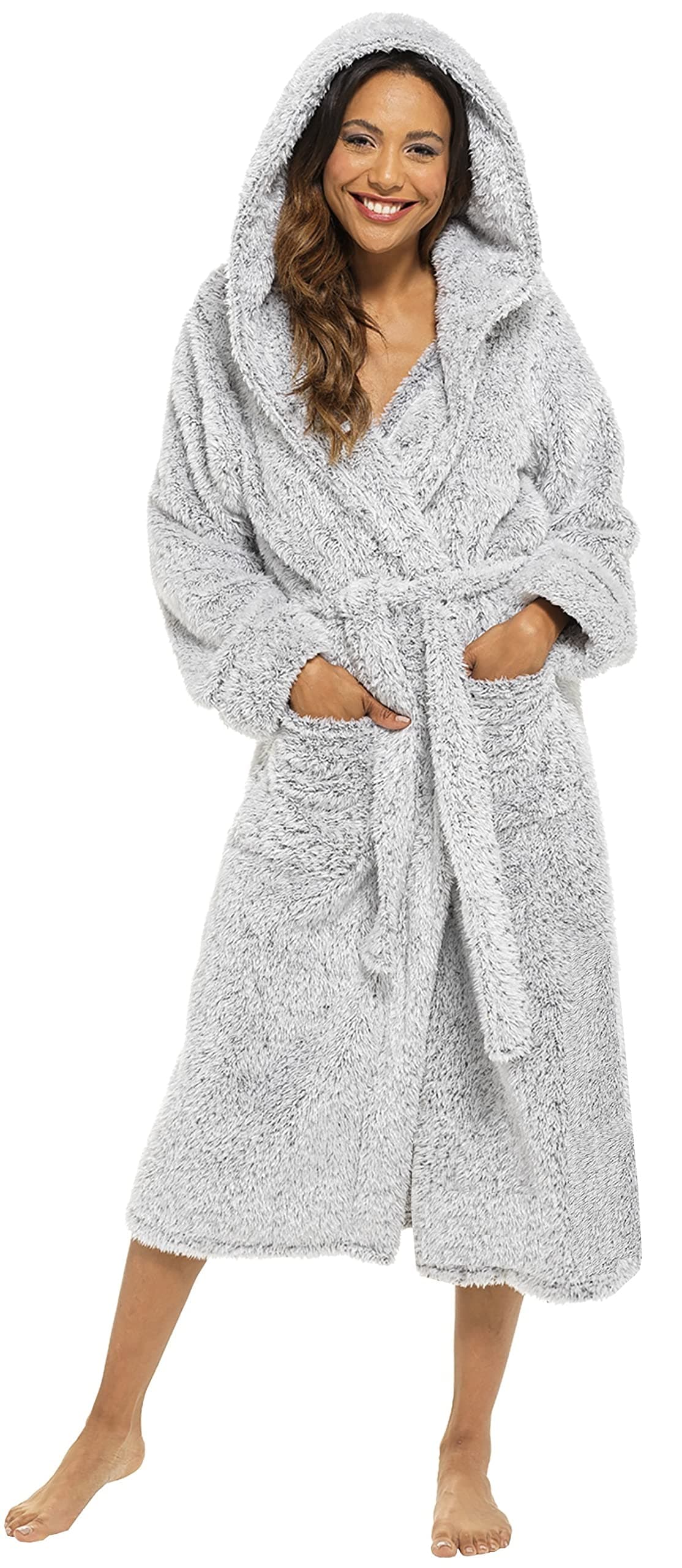 KATE MORGAN Ladies Dressing Gown Fluffy Super Soft Hooded Bathrobe for Women Plush Fleece Perfect Loungewear Long Robe | Gifts for Women — view 39