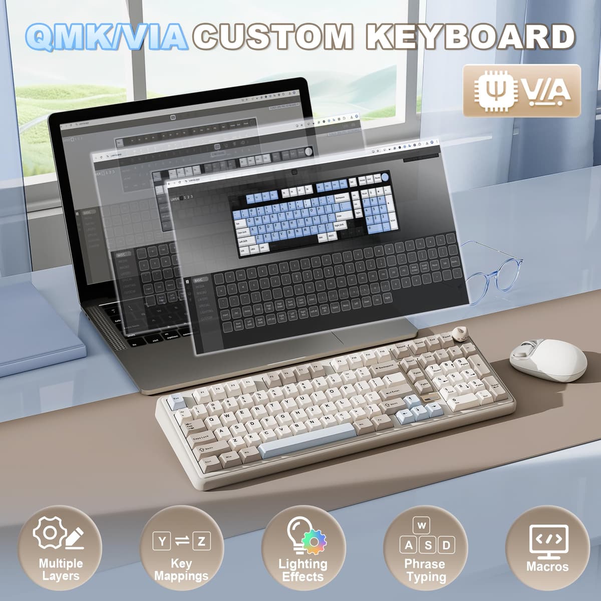 YUNZII B98 PRO QMK/VIA Wireless Mechanical Gaming Keyboard, 96% Layout with Numpad and Cute Cat Knob, BT/2.4G/USB-C, Pre-Lubed Switch Hot Swap Gasket, RGB for Win/Mac (Beige, Milk V2 Linear Switch) — view 4
