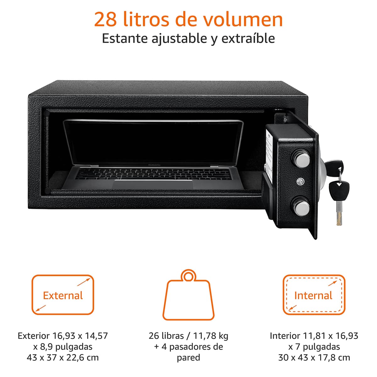 Amazon Basics Caja Fuerte de Seguridad de Acero con Cerradura con Teclado, Protege Dinero, Joyas, Documentos de identificación, 14 l, 35 cm x 25 cm x 25 cm, Color Negro — view 15