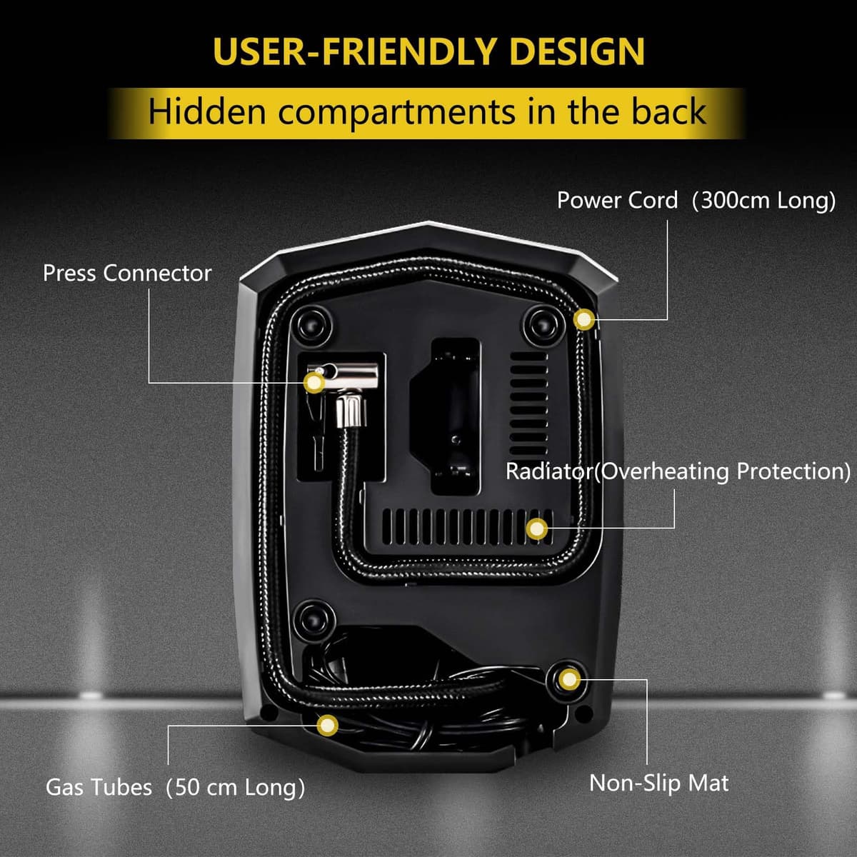 SYTUNG Digital Tyre Inflator, Portable Air Compressor Car Tyre Pump with 3 Nozzle Adaptors and Digital LED Light, 12V Rapid Tyre Inflator Air Compressor for Car Tires and Other Inflatables — view 5