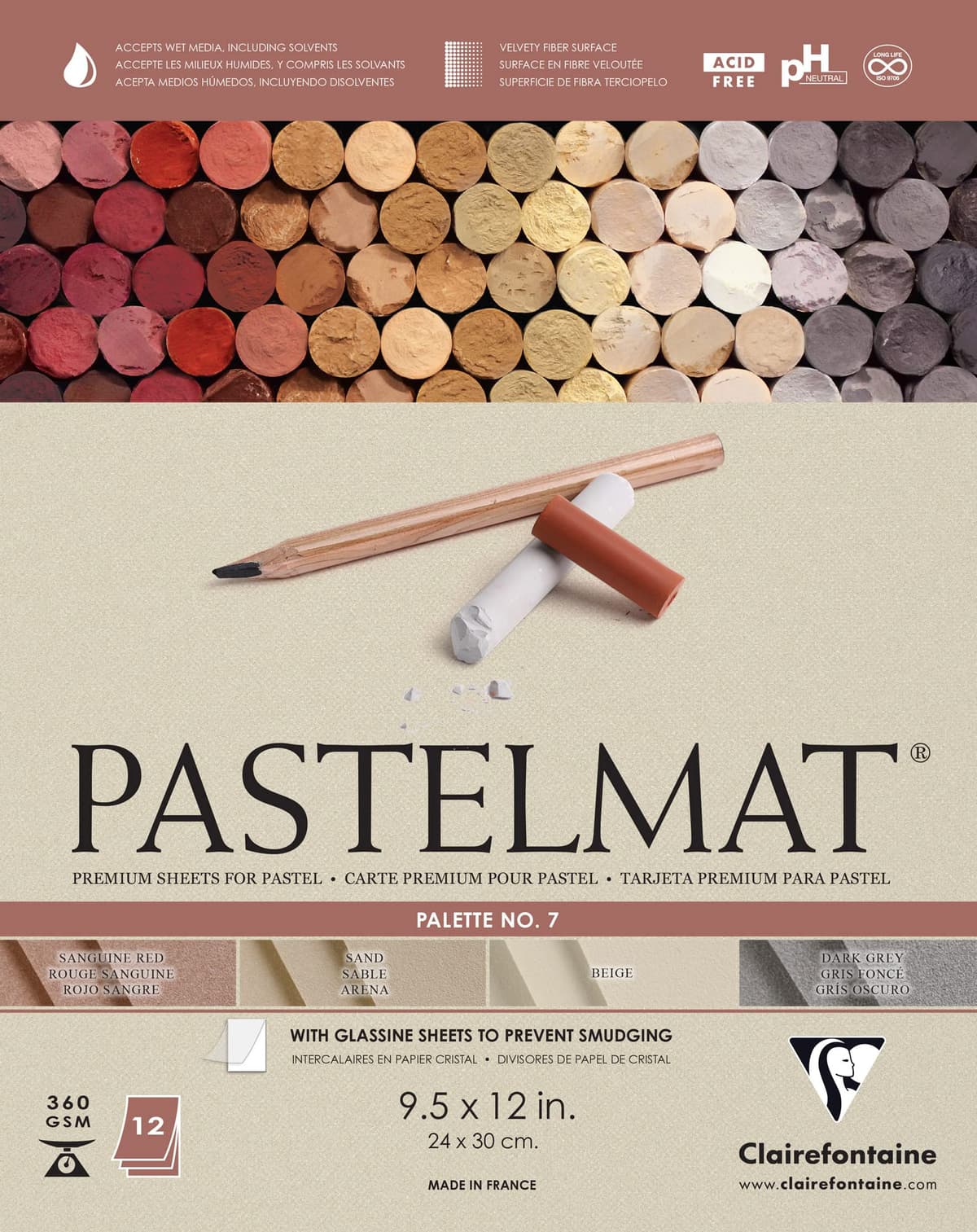Clairefontaine Pastelmat Glued Pad - Palette No. 4 - (7 x 9 1/2 Inches) 18 x 24 cm - 360g - 12 Sheets - Dark Blue, Light Blue, Wine, Sand — view 3