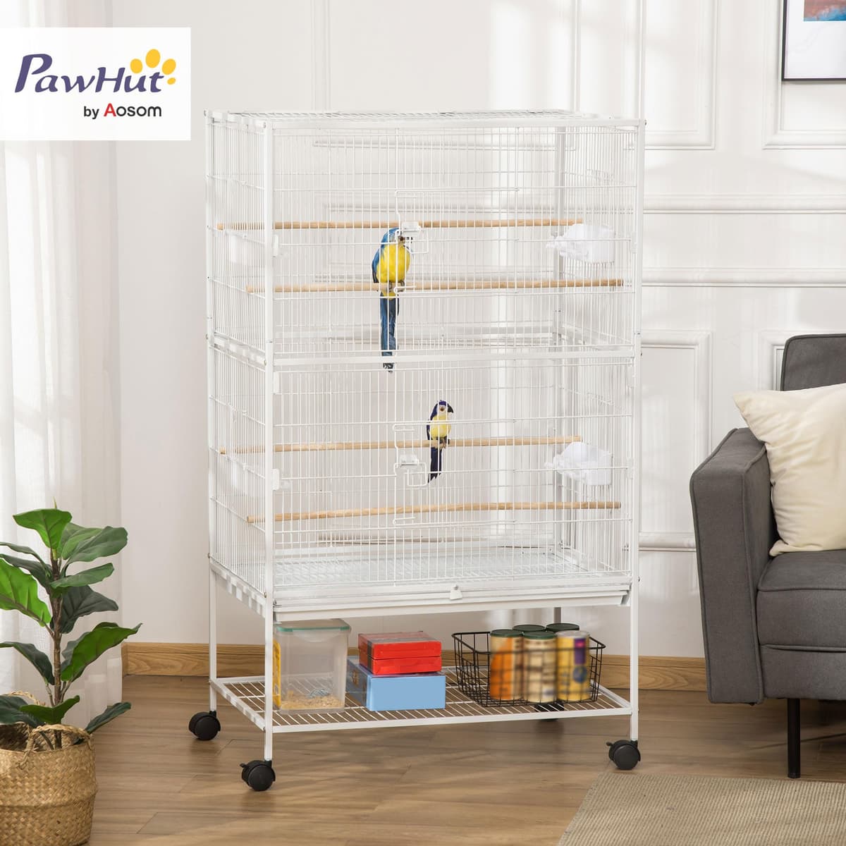 PawHut Jaula para Pájaros con Ruedas Pajarera Metálica con Bandeja Extraíble 4 Puertas 4 Comederos 4 Perchas y Estante de Almacenaje Jaula para Canarios Periquitos 78x52x132 cm Blanco — view 2