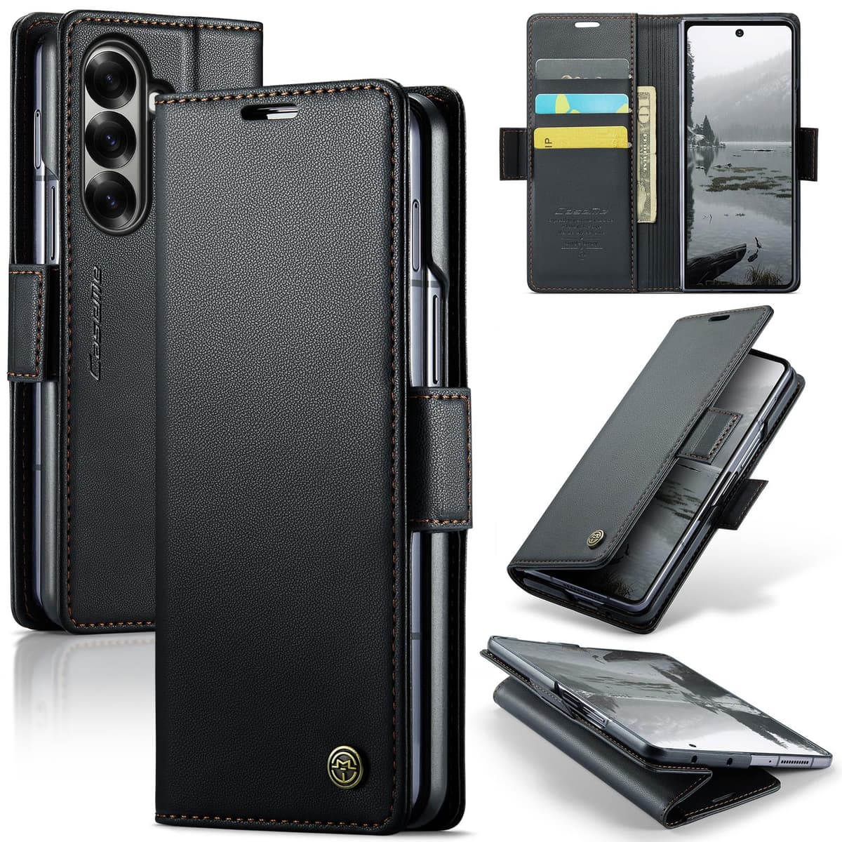 Case for Z Fold 7 Leather Wallet Flip Cover with Card Holder,Kickstand, Magnetic Closure,TPU Protection Phone Housse Compatible with Samsung Fold 7 - Black
