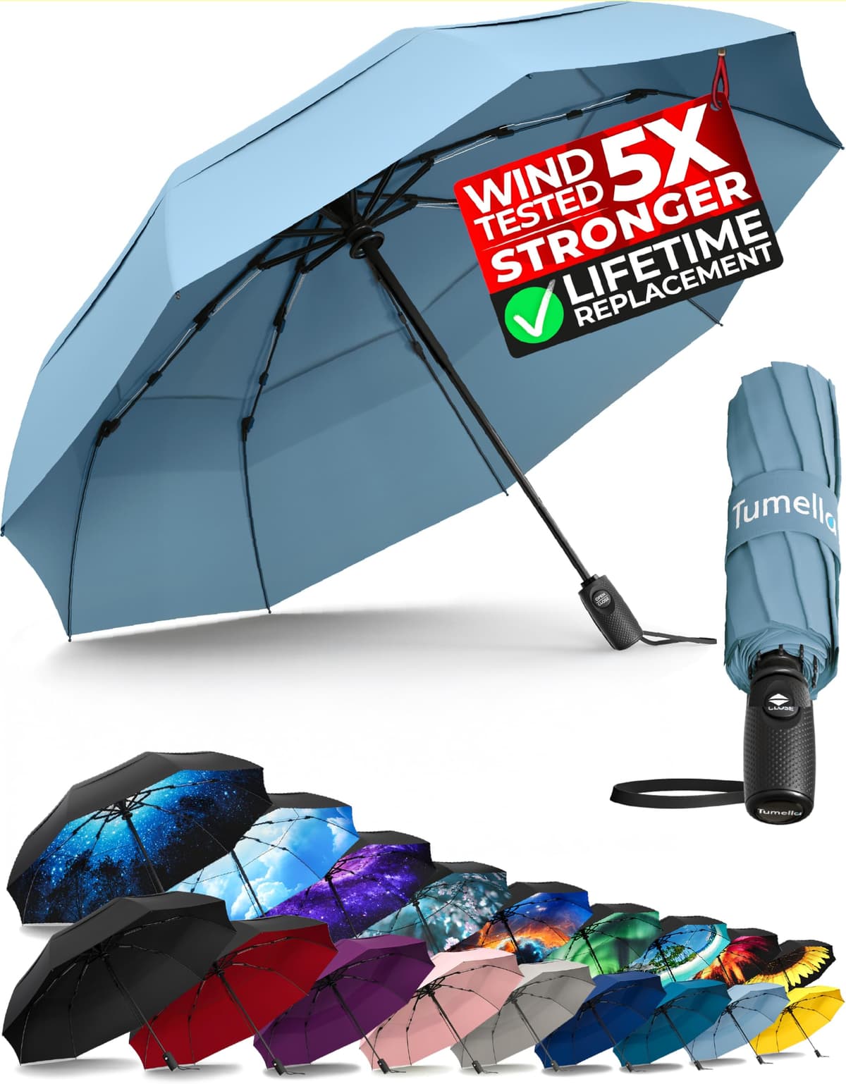 TUMELLA Strongest Windproof Travel Umbrella (Compact, Superior & Beautiful), Small Strong but Light Portable and Automatic Folding Rain Umbrella, Durable Premium Grip, Fits Car & Backpack Black — view 19