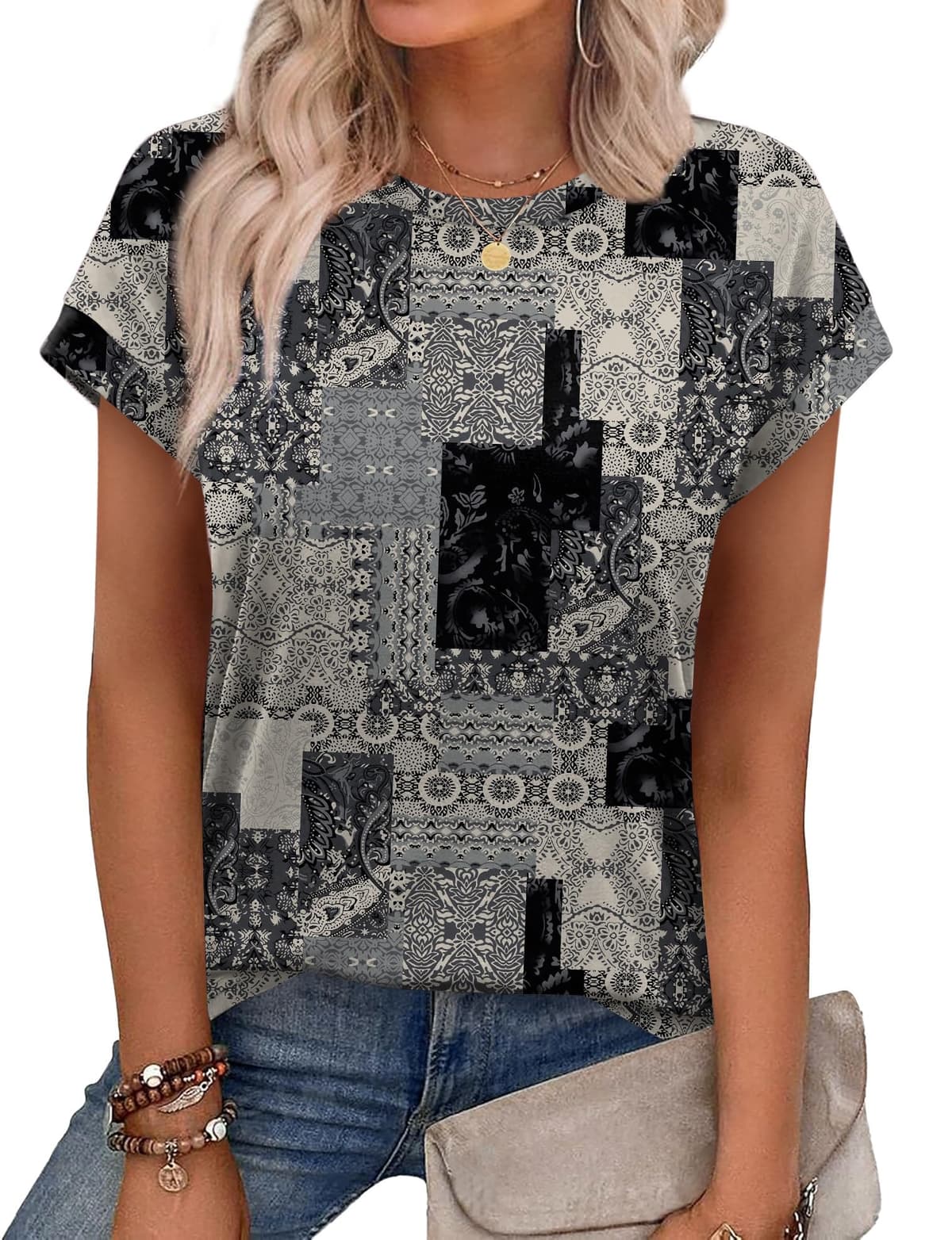 Aokosor Womens Summer Tops Floral Printed Short Capsleeve Shirts Crew Neck Cute Fashion Dressy Tunic Blouses for UK — view 24