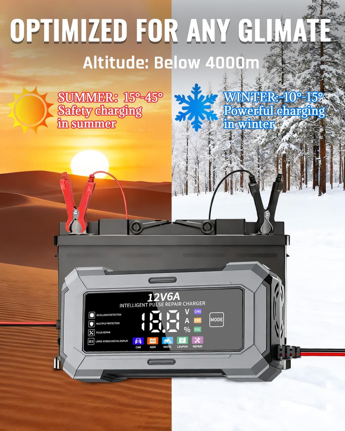 Car Battery Charger & Trickle Charger for Car Battery with Pulse Repair & Digital Display, Compatible with CAR AGM MOTO LiFePO4 Batteries — view 4