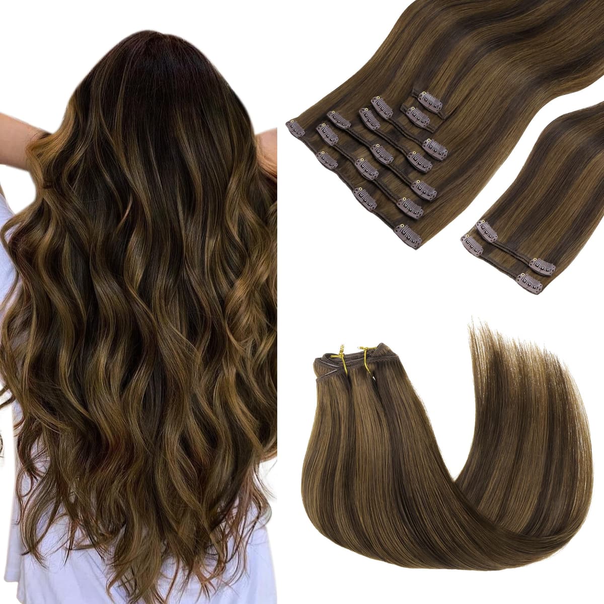 GOO GOO Clip in Hair Extensions Human Hair, 18inch 150g 9Pcs, #2 Dark Brown, Hair extensions for women, Human Hair Extensions Clip in — view 127
