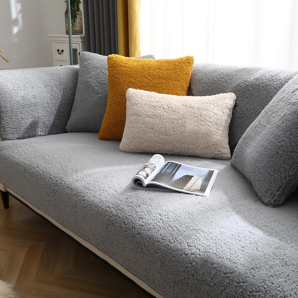 SHANNA Thick Rabbit Plush Sofa Cover 1 2 3 Seater, New Universal Non-Slip Corner Sofa Cover L Shape Super Soft Faux Fur Sofa Slipcovers for Living Room(Grey, 70 * 180cm Seater Cover) — view 18