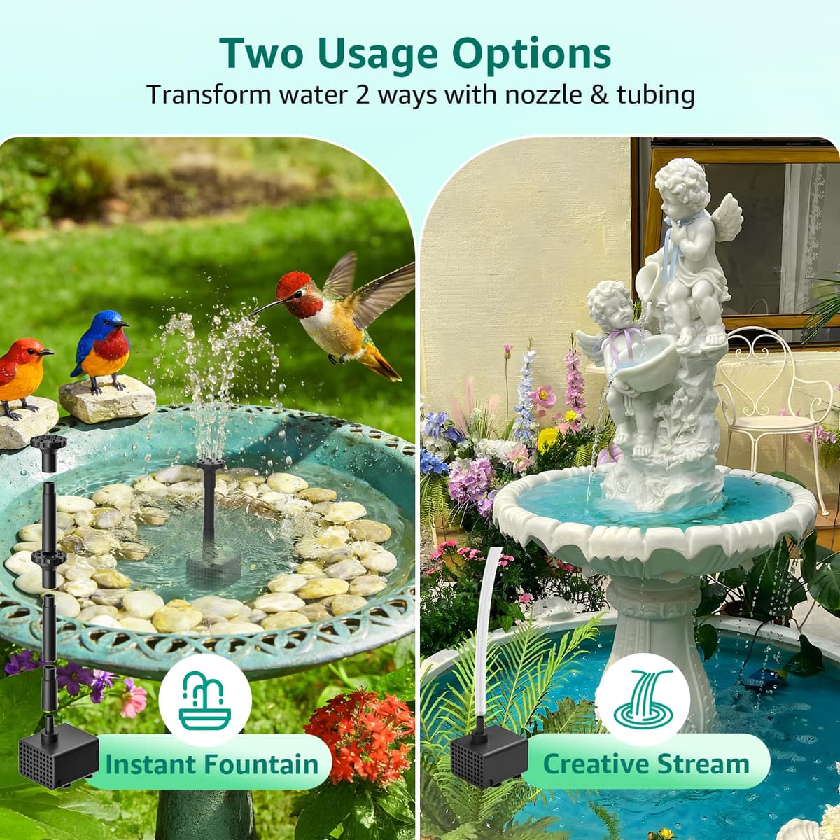 PONDIA Solar Fountain Pump with Battery Backup, 8.5W Solar Water Pump Built-in 3400mAh Battery, 7 Spray Modes & 5Ft PVC Tubing with Floating Pad for Small Pond, Garden Water Feature, Bird Bath — view 5