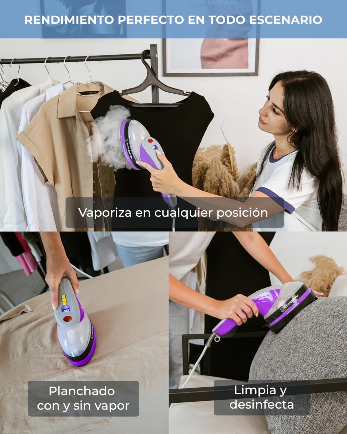 Plancha Vertical Vapor EFFEKTIV, 1800W, 3 en 1 Vapor Vertical Premium, Plancha Ropa con Suela Cerámica, Cepillo de Vapor, Depósito 250ml, Vapor Continuo 750mg/sec, Pantalla led, Autoapagado, Cable 3m — view 5