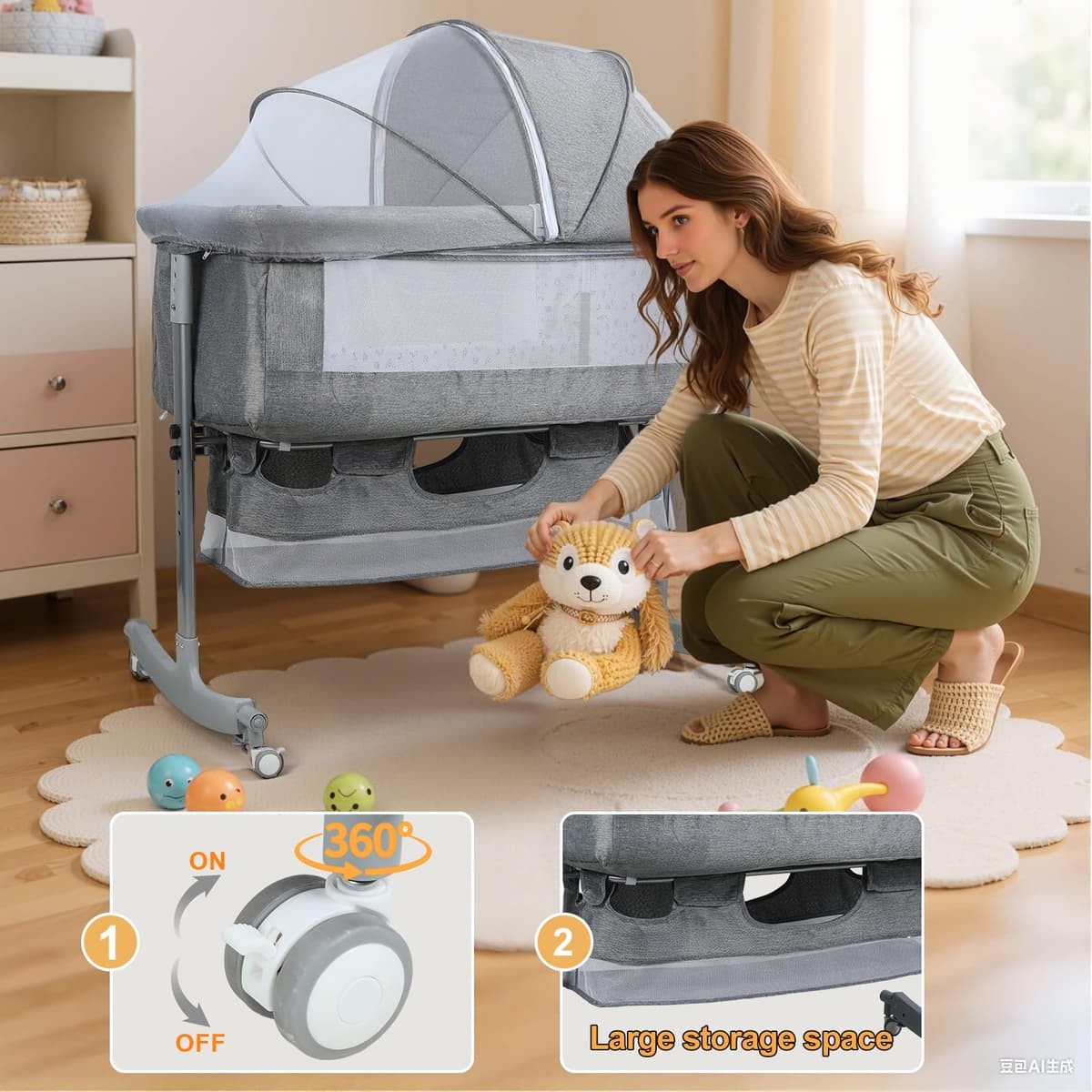 Baby Bedside Crib Baby Crib with with Wheels, Storage, Mosquito Net and Matress Included, Height Adjustable Baby Bassinet (Grey 3) — view 5