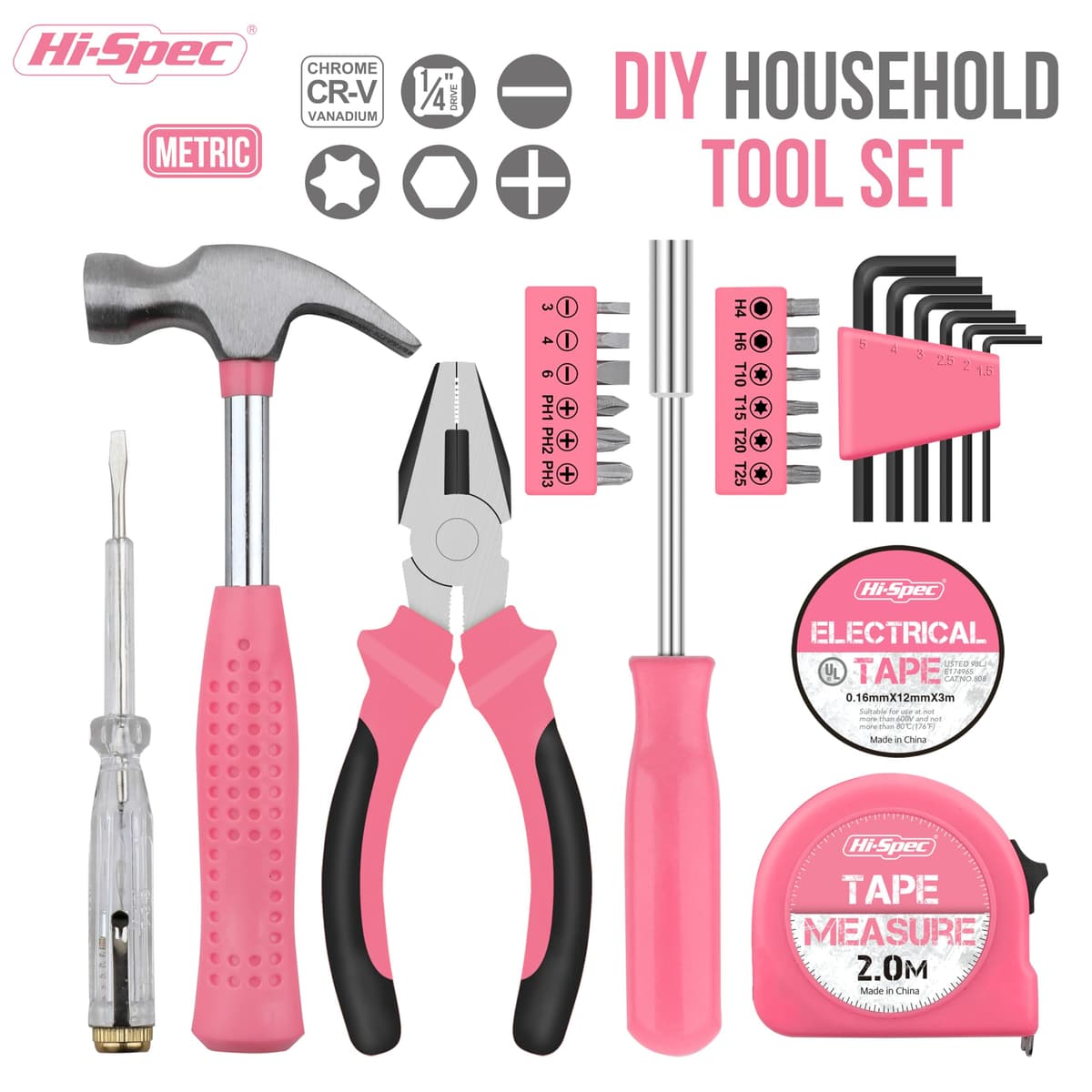 Hi-Spec Pink Small Tool Kit for Home DIY, Repairs & Crafts – 24pc Lady Tool Set with Mini Hammer, Pliers, Screwdriver Set, Hex Keys & Tape Measure in Compact Tool Box Case – Gift for Women — view 2