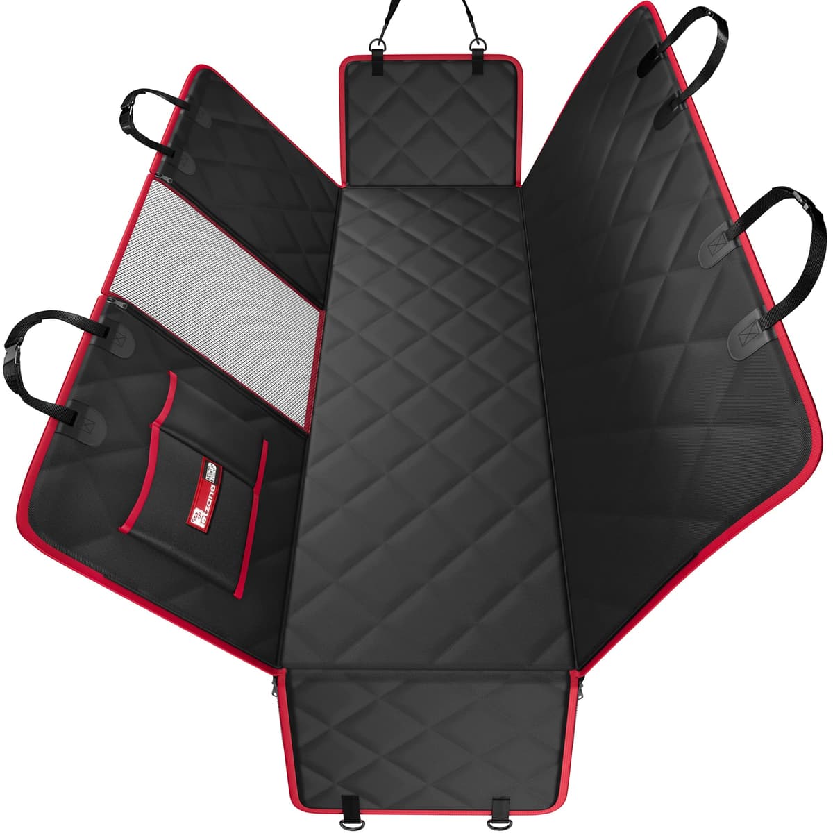 Dog Hammock for Car Back seat with Mesh Visual Window, Side Flaps with Zipper, Padded 4 Layers Waterproof Heavy Duty Hammock with Storage Bag, Scratch Proof Nonslip Pet Car Seat Cover (Black/Red)