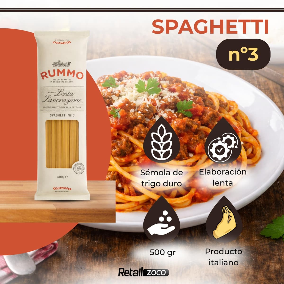 Spaghetti Rummo Nº3, Pasta Italiana, Pasta alimenticia de sémola de trigo duro, Contiene gluten, Puede contener trazas de soja, 6 Paquetes de 500 gr — view 3