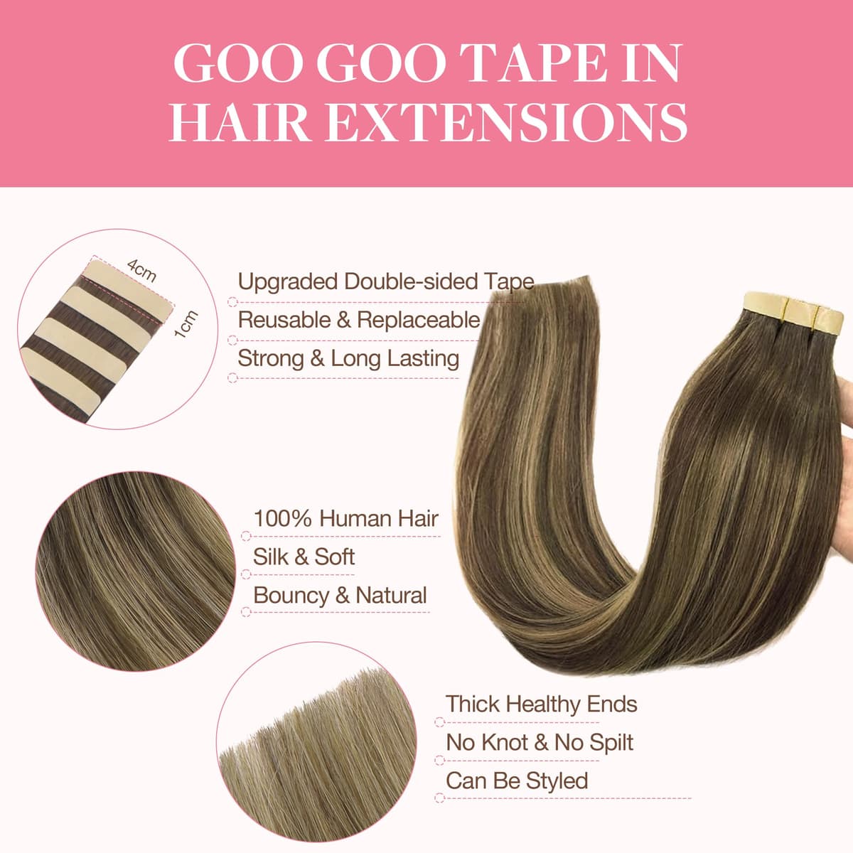 GOO GOO Tape in Hair Extensions Human Hair, 20pcs 50g 14inch, Balayage Chocolate Brown to Strawberry Blonde Real Remy Hair Extensions Seamless Straight Human Hair Extensions — view 2
