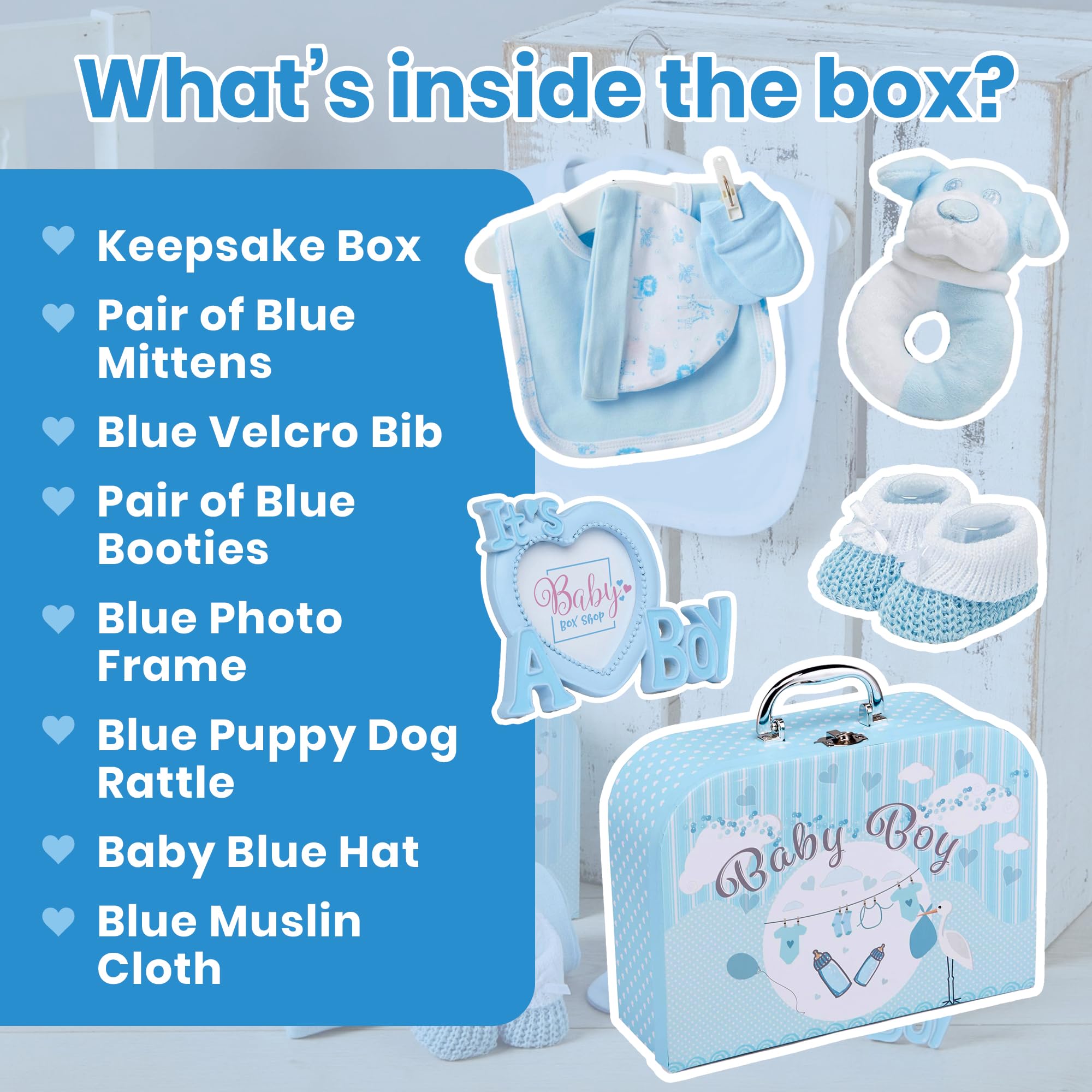 Baby Box Shop Newborn Baby Boy Gift Set Premium Gift-Ready Hamper with Rattle, Photo Frame, Muslin Cloth & Newborn Essentials in a Blue Keepsake Box - Ideal as Baby Shower Gifts for New Born Boys — view 4