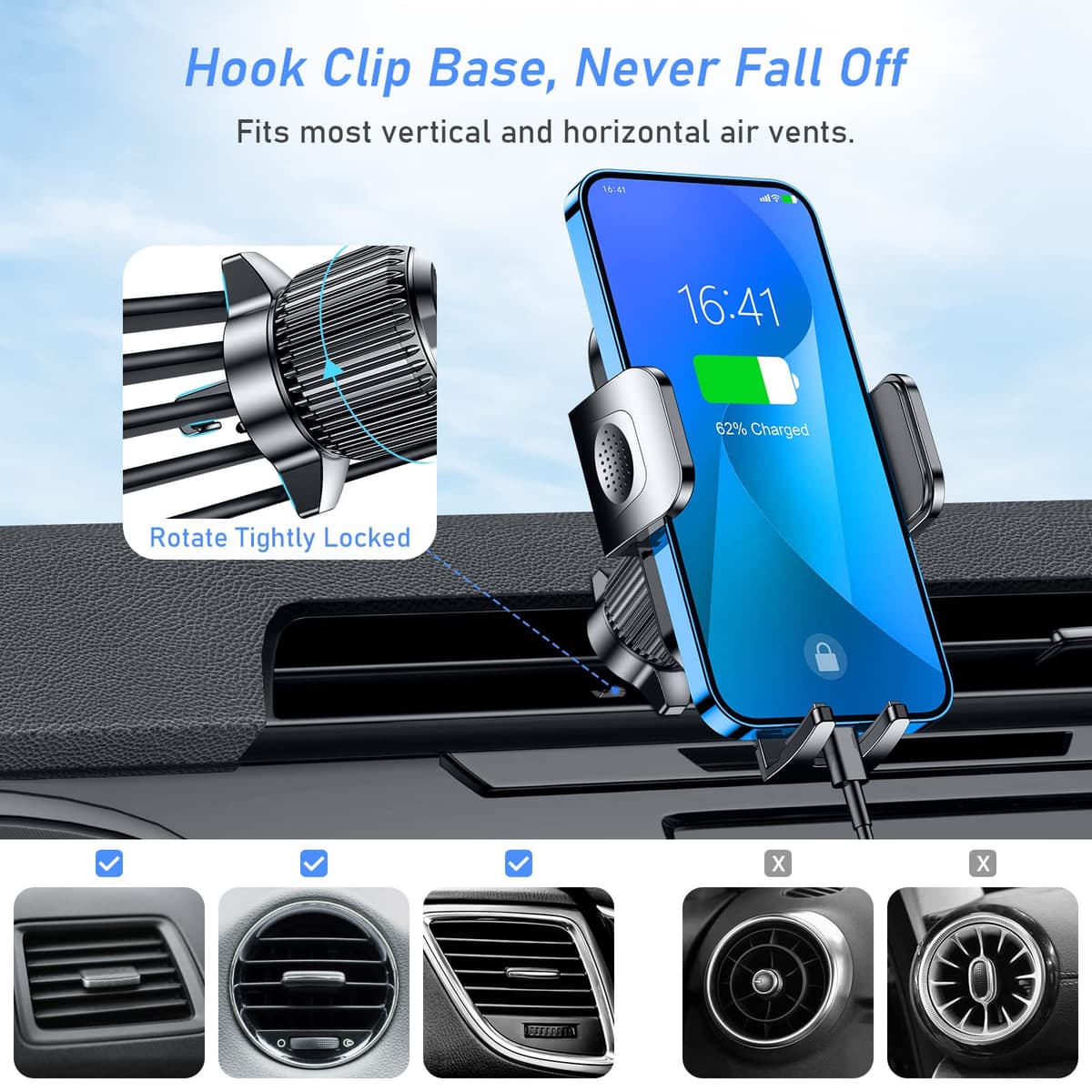 Blukar Car Phone Holder, Air Vent Car Phone Mount Cradle 360° Rotation - Upgraded Super Stable Hook Clip - One Button Release Holder for iPhone, Galaxy, All 4.0''-6.7'' Smartphones — view 5