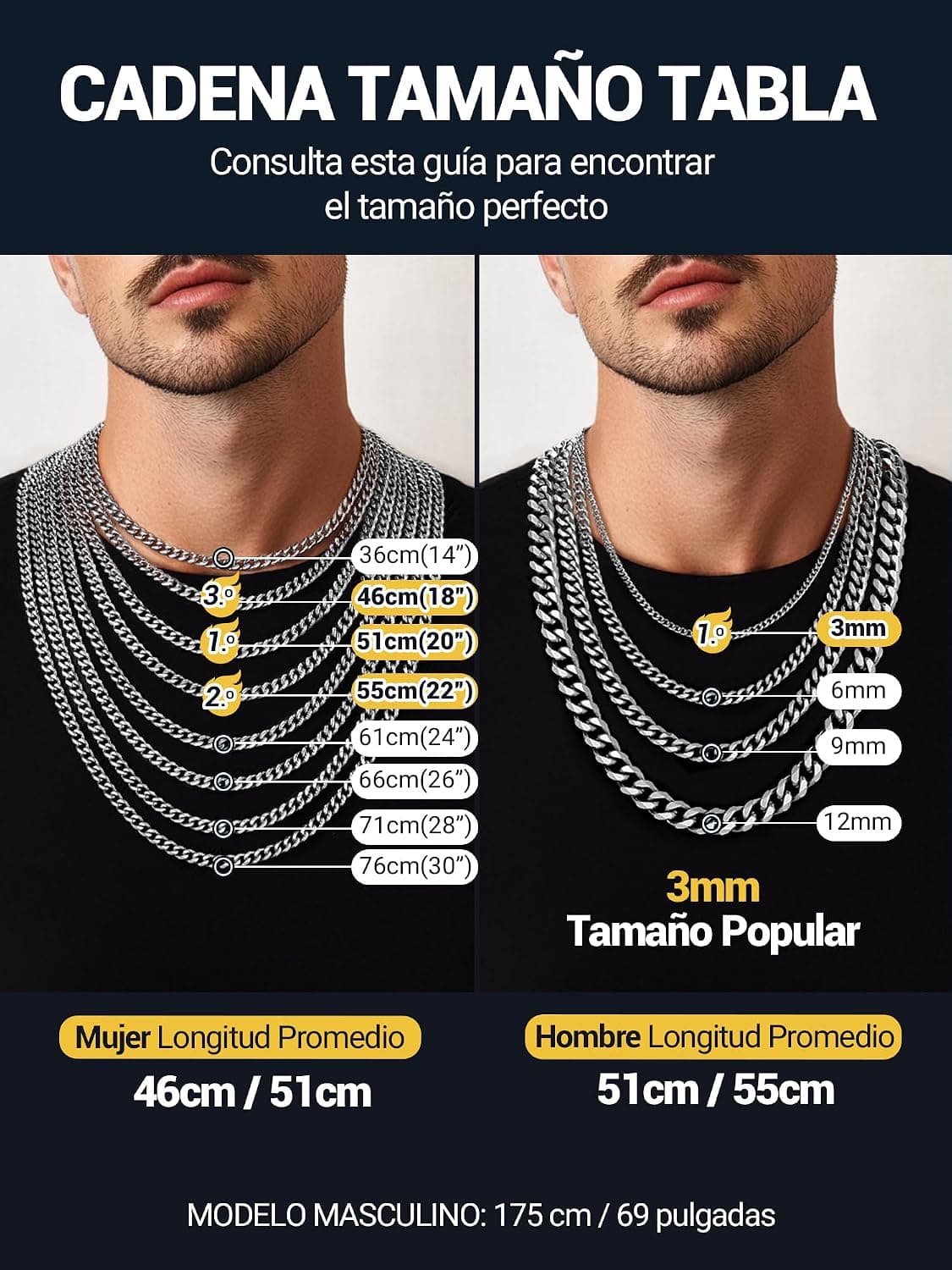 PROSTEEL Collar de Cadena Cubana 3mm/6mm/9mm/12mm Ancho y 36-76cm de Longitud Opcional Acero Inoxidable Chapado en 18K/Metal  — view 3
