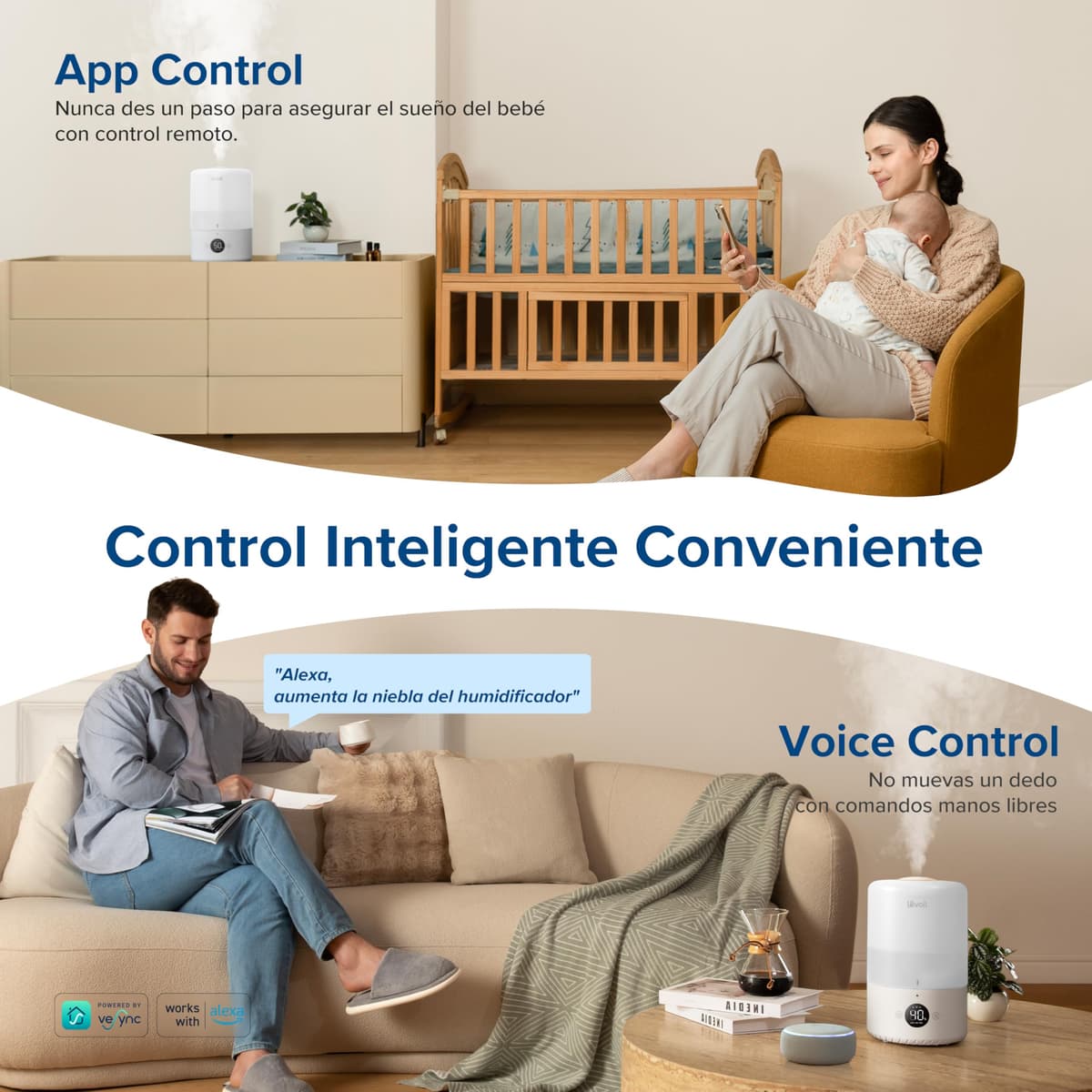 LEVOIT Humidificador Inteligente de Niebla Fría para Habitación y Bebé con Sensor, Control por APP y Voz, Difusor Aceites Esenciales, Temporizador a Cuarto,＜28dB, 3L Top-Fill, Blanco — view 4