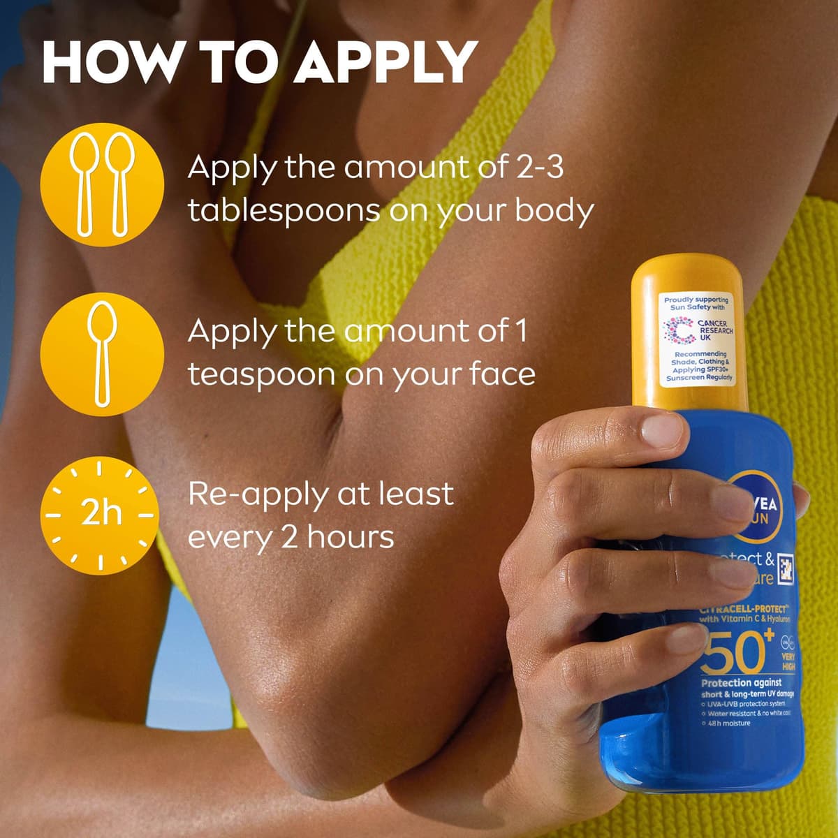 NIVEA SUN Protect & Moisture Sun Spray SPF 50+ (200ml), Moisturising Suncream Spray with Vitamin C and Hyaluron, Immediate UVA/UVB Protection, Fast-Absorbing No White Cast Formula — view 5