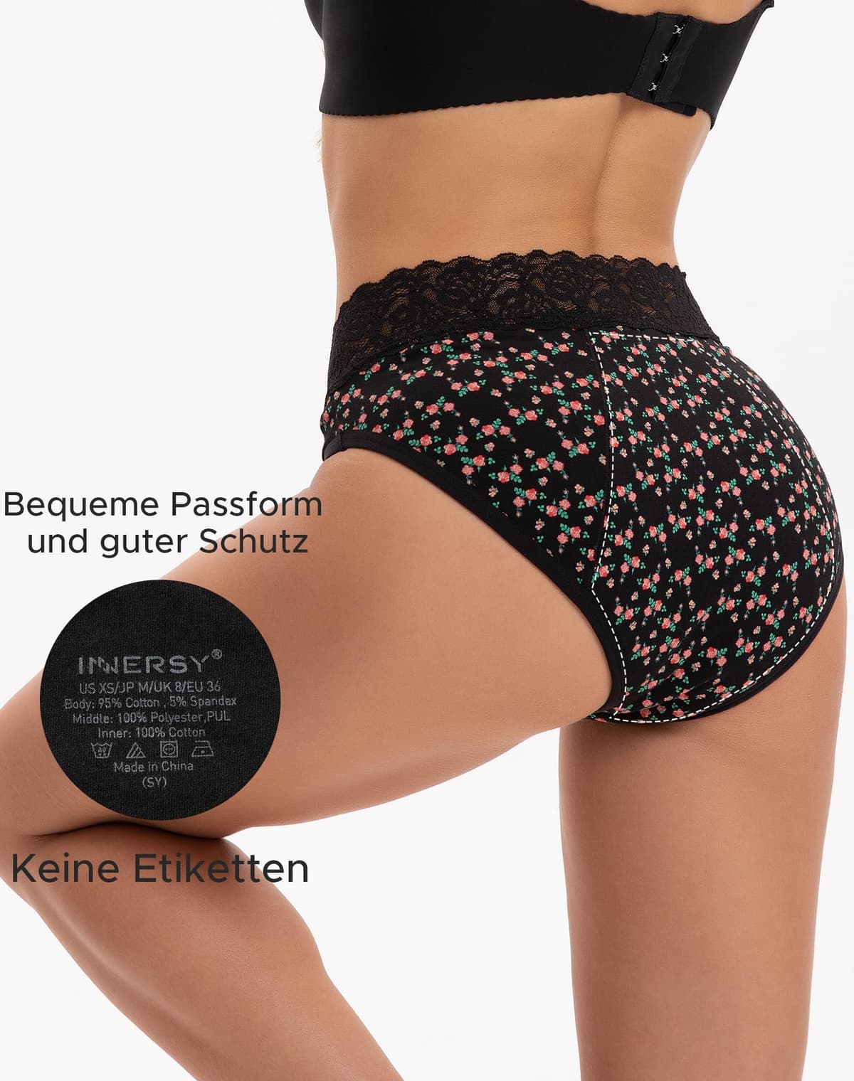 INNERSY Bragas Menstruales Algodon con Encaje Braga Menstrual Mujer Flujo Ligero/Medio Lavables Pack de 3 — view 4