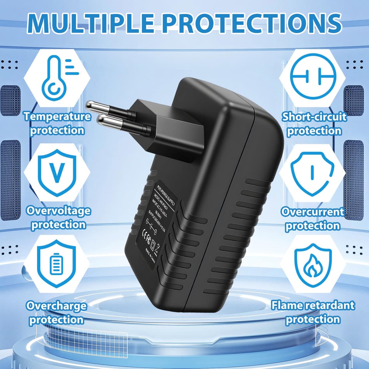48V 0,5A Inyector PoE, 100 Mbps Adaptador Inyector PoE con Enchufe Europeo, Enchufe de Pared Adaptador Ethernet Plug and Play para Conmutador de Red, Cámara IP, WAP y Teléfonos VoIP — view 5