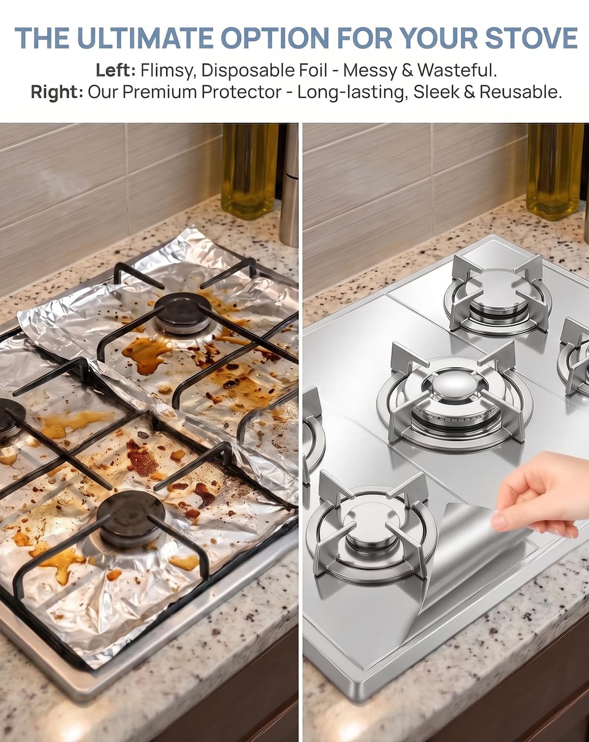 JTENGYAO Gas Hob Covers, 3PCS 54x27cm Reusable Stove Burner Covers, Gas Hob Range Protectors, Fiberglass Gas Stove Mats, Non-Stick Hob Protectors for Gas Cooker, Silver — view 3