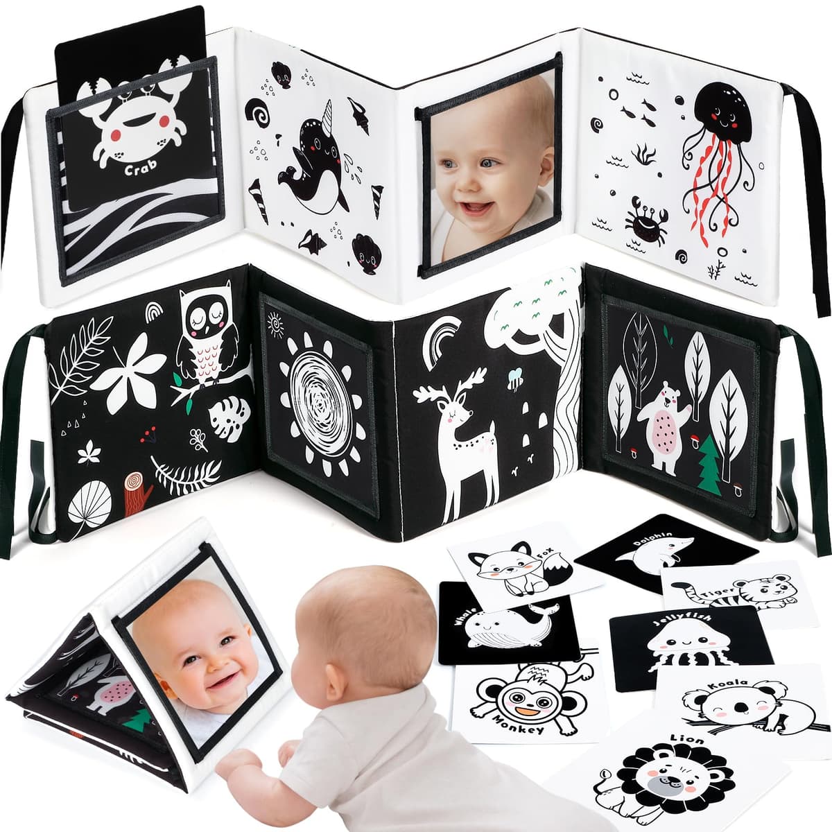 URMYWO Baby Toys 0-6 Months, Black and White Sensory Toys Brain Development, Tummy Time Toys, Soft Baby Book, Baby Essentials for Newborn 0-6-12 Months Montessori Toy Gifts — view 10
