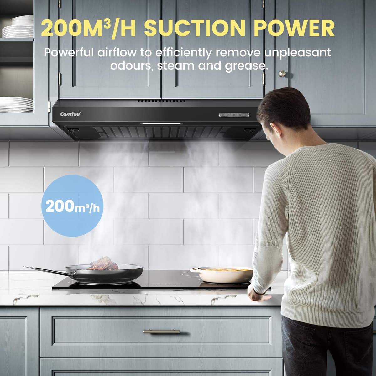 COMFEE' 60 cm Visor Cooker Hood LED Extractor Hood Under Cabinet Hood Wall Mounted Extractor Fan 600 mm Top Vented Range Hood - Black KWH-SLIF17B-60 — view 3