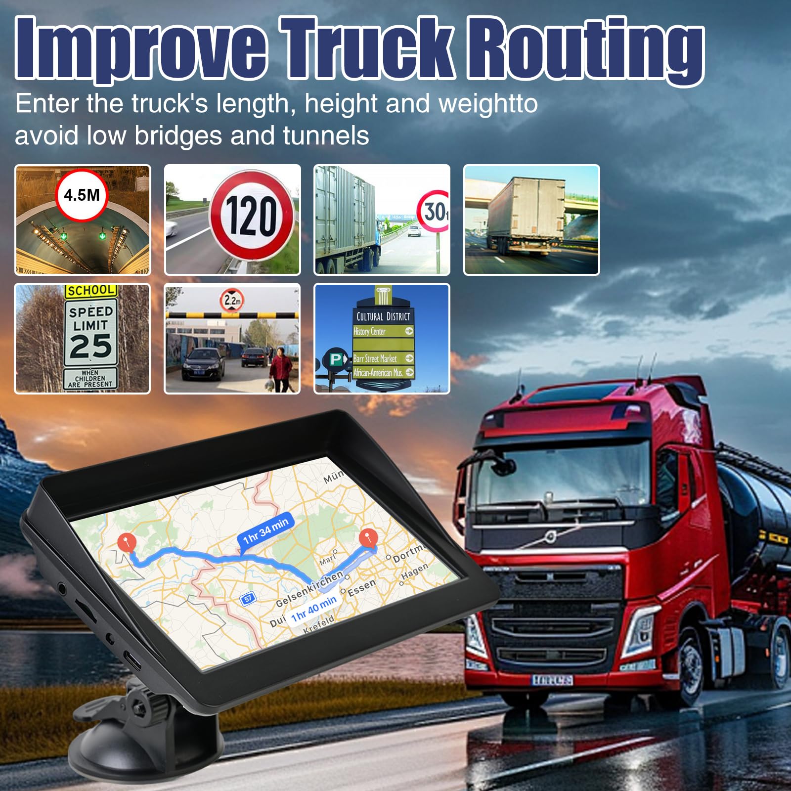 7Inch Sat Nav, HD Touch Screen GPS Navigation for Cars Trucks with UK, Europe Maps, HGV Sat Nav Trucks, Lifetime Free Updates, Support Postcode Search, Speed Camera Alert, Voice Guidance, POI — view 3