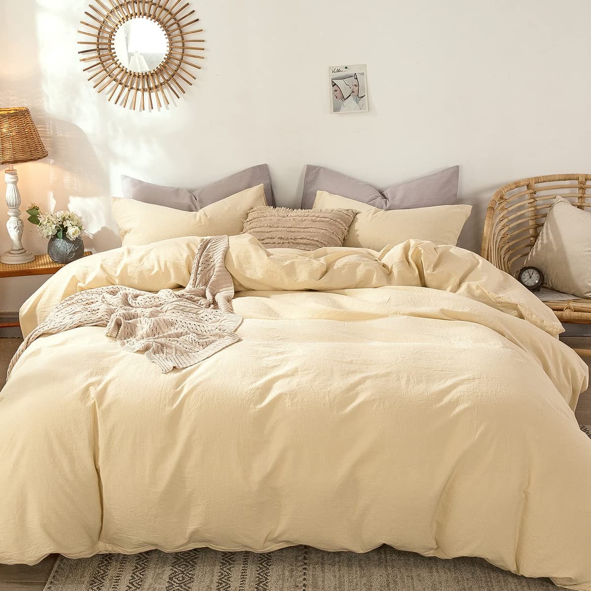 MooMee Bedding Duvet Cover Set 100% Washed Cotton Linen Like Textured Breathable Durable Soft Comfy (Tannish Linen Grey, King) — view 167
