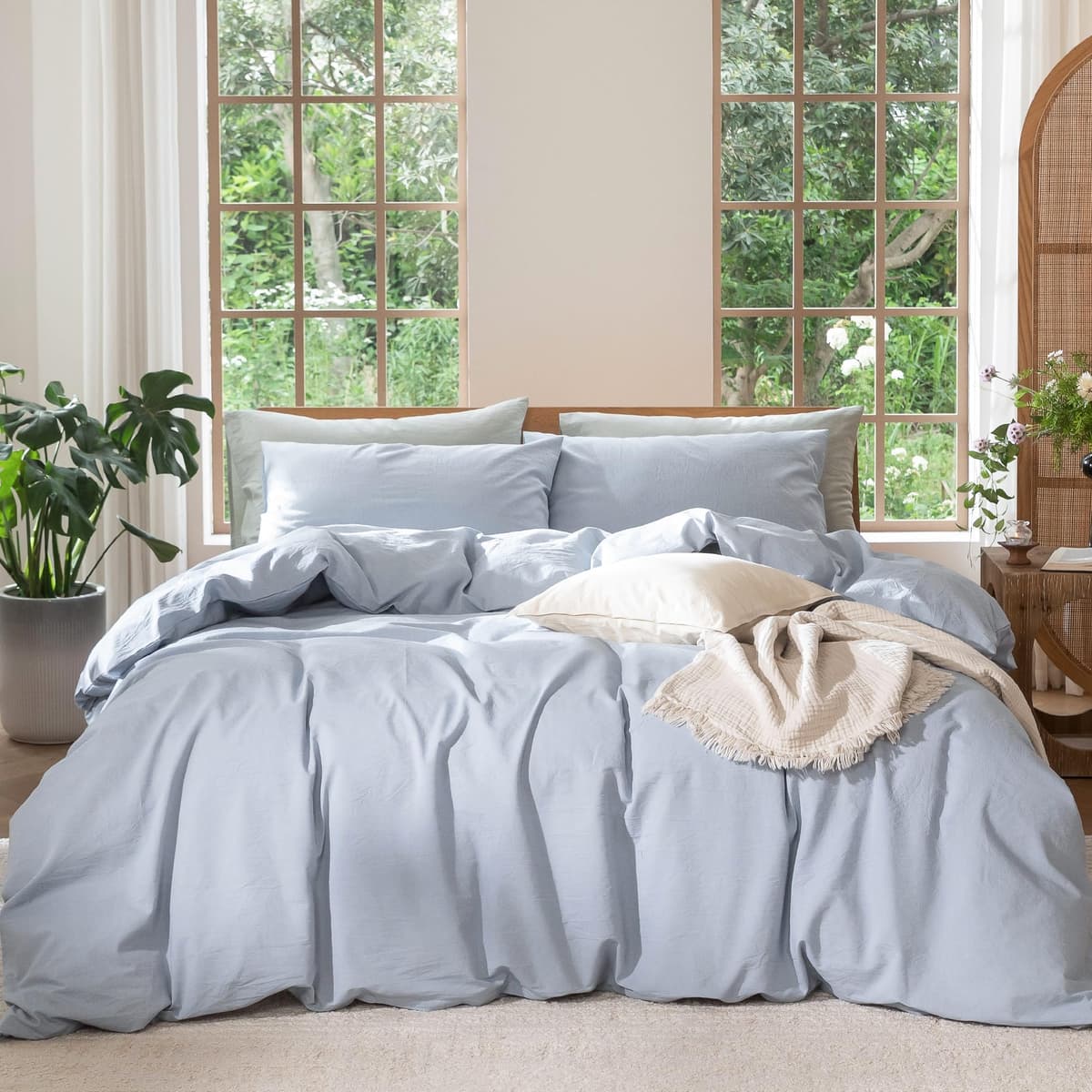 MooMee Bedding Duvet Cover Set 100% Washed Cotton Linen Like Textured Breathable Durable Soft Comfy (Tannish Linen Grey, King) — view 136