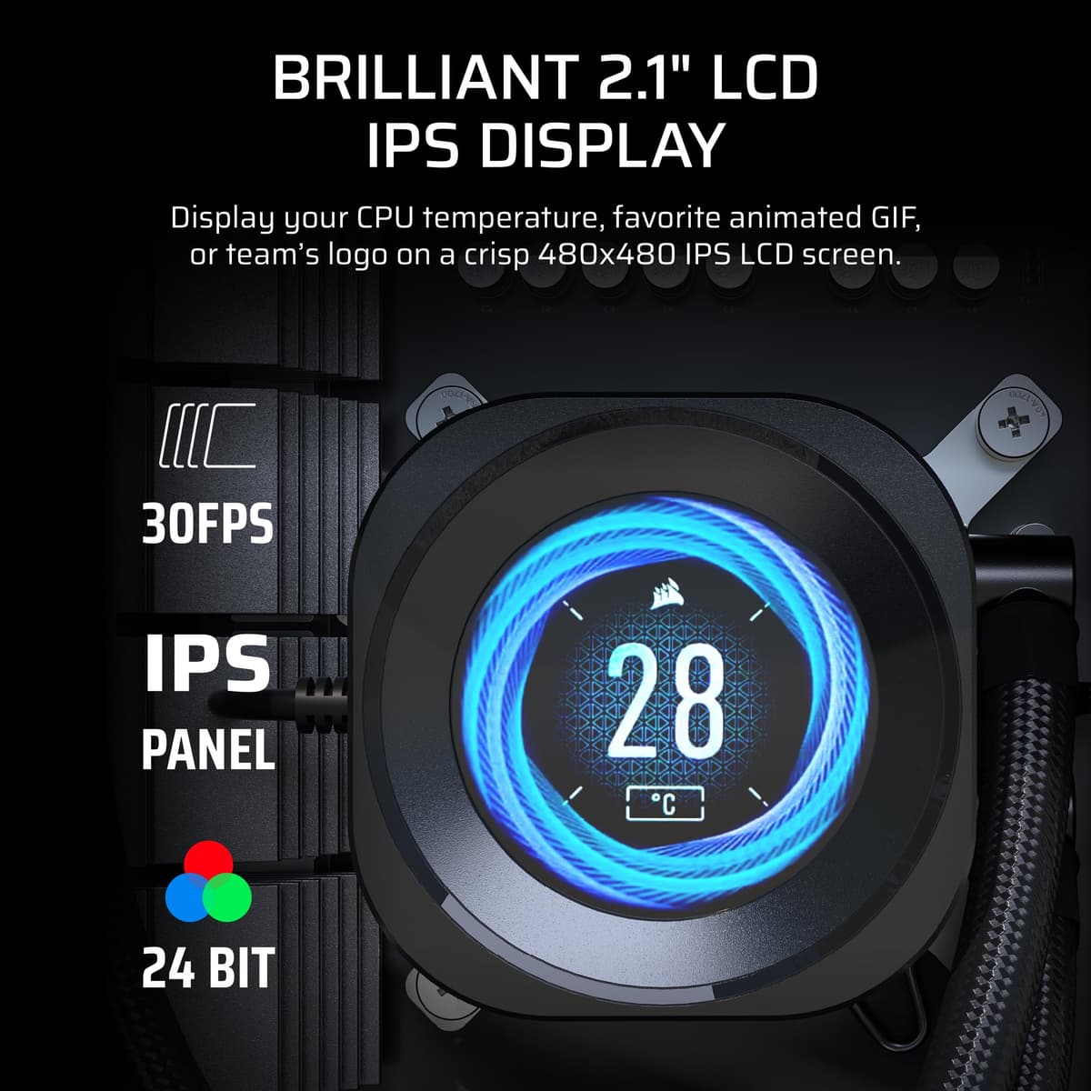 Corsair NAUTILUS 240 RS LCD Liquid CPU Cooler – 2.1" IPS LCD Screen, 240mm AIO, Low-Noise, Daisy-Chain, Intel LGA 1851/1700, AMD AM5/AM4 – 2x RS120 Fans Included – Black — view 3
