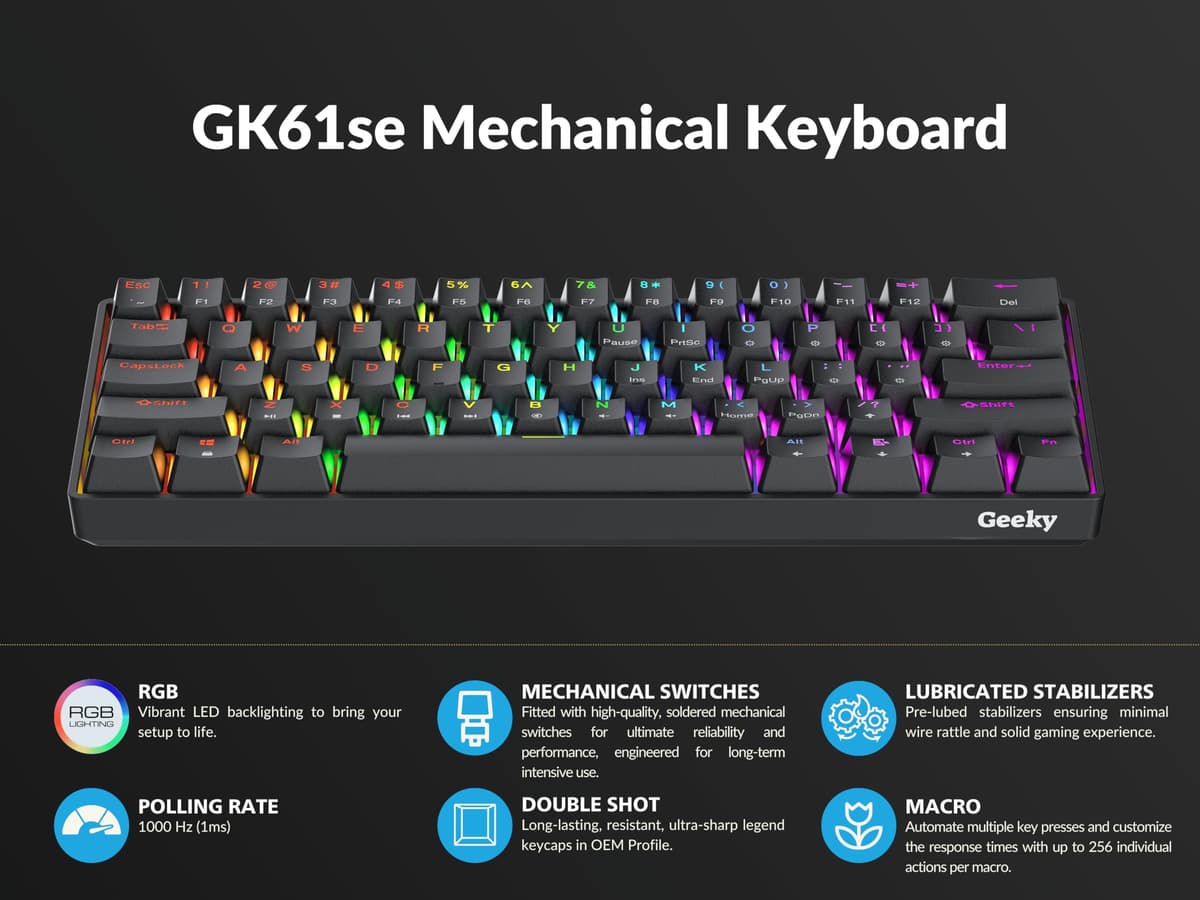 Geeky GK61 SE 60% | Mechanical Gaming Keyboard | 61 Keys Multi Color RGB LED Backlit for PC/Mac Gamer | ANSI US American Layout (Black, Mechanical Speed Silver) — view 5
