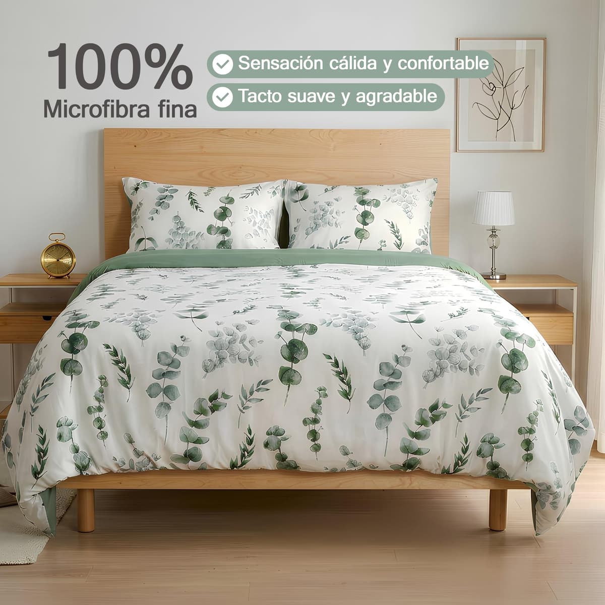 Etrexonline Juego de Funda Nórdica 4 Piezas Cama 135 Microfibra Suave Transpirable - 1 Funda Edredón 220x220 cm, 1 Bajera 135x200+30 cm y 2 Fundas de Almohada 50x70 cm (Eucalipto) — view 3