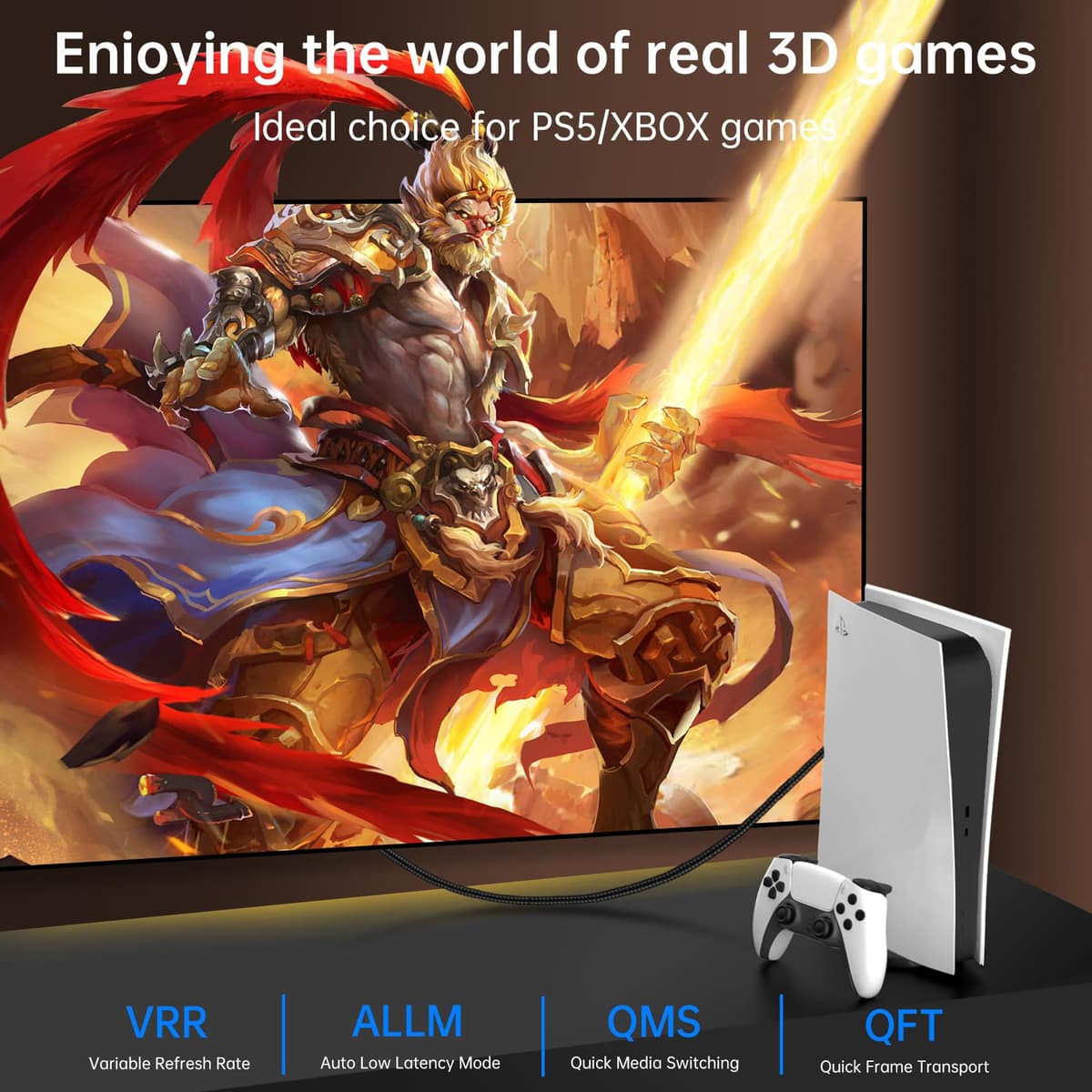 TEFLOTY Cable HDMI 2.1, Cable HDMI 8K de Alta Velocidad Ultra HD 48Gbps 8K@60Hz 4K@120Hz 7680P eARC HDCP 2.2&2.3 DTS:X Compatible con HDTV, PS5/4/3, Xbox Series X/S, Monitor Mehr (1M) — view 4