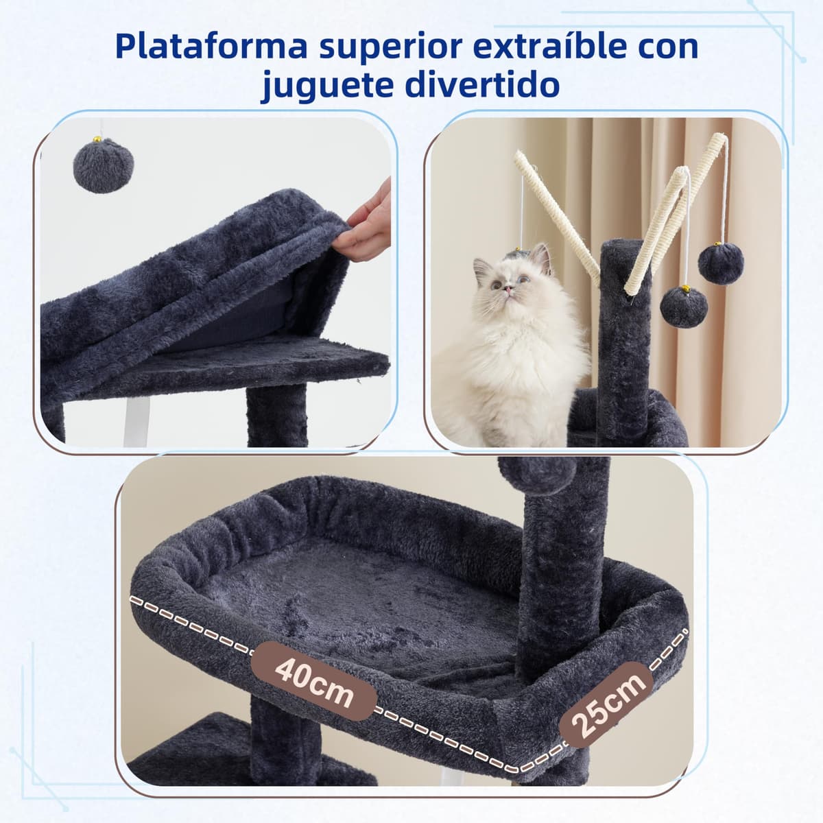 Gitelsnour Rascador para Gatos de Interior, Árbol para Gatos para Gatitos, con Postes, Plataforma Superior Desmontable, Pompones, Cuevas, Cestas, Gris Ahumado GCT006SG — view 2