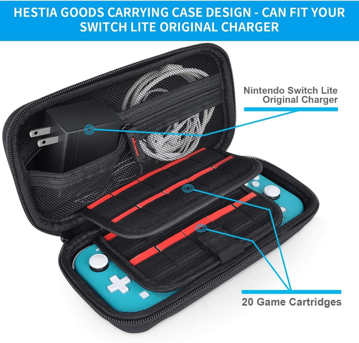 daydayup Switch Case Compatible with Nintendo Switch Lite, Portable Travel Switch Lite Case with 16 Game Cartridges, Protective Hard Shell Pouch for Switch Lite Accessories, Black — view 2