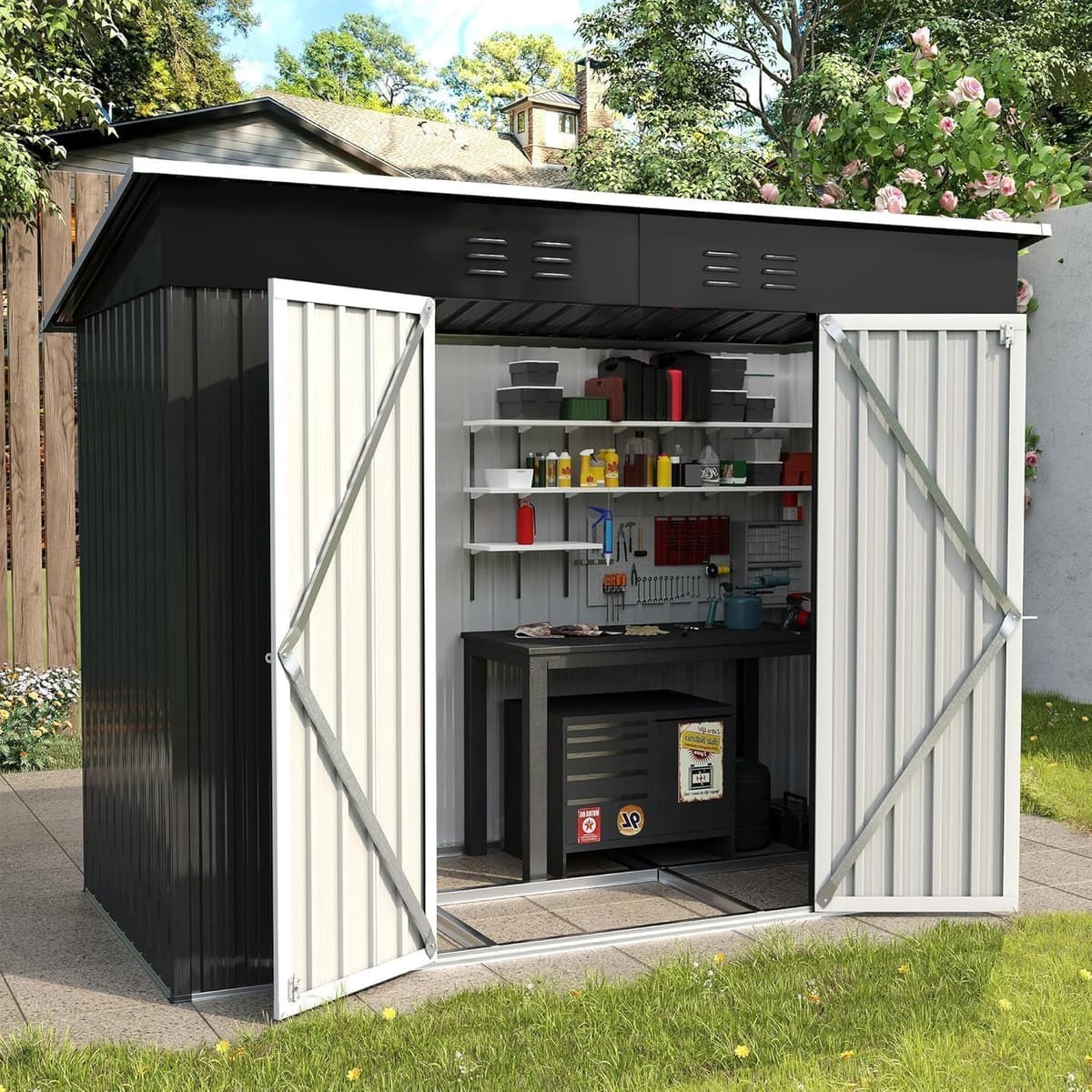 UDPATIO Metal Shed 8x4 FT, Outdoor Garden Storage, Waterproof Metal Shed for Firewood, Garbage Can, Tool, Lawnmower, Bike Shed, Galvanized Steel with Lockable Door for Backyard, Patio, Dark Grey