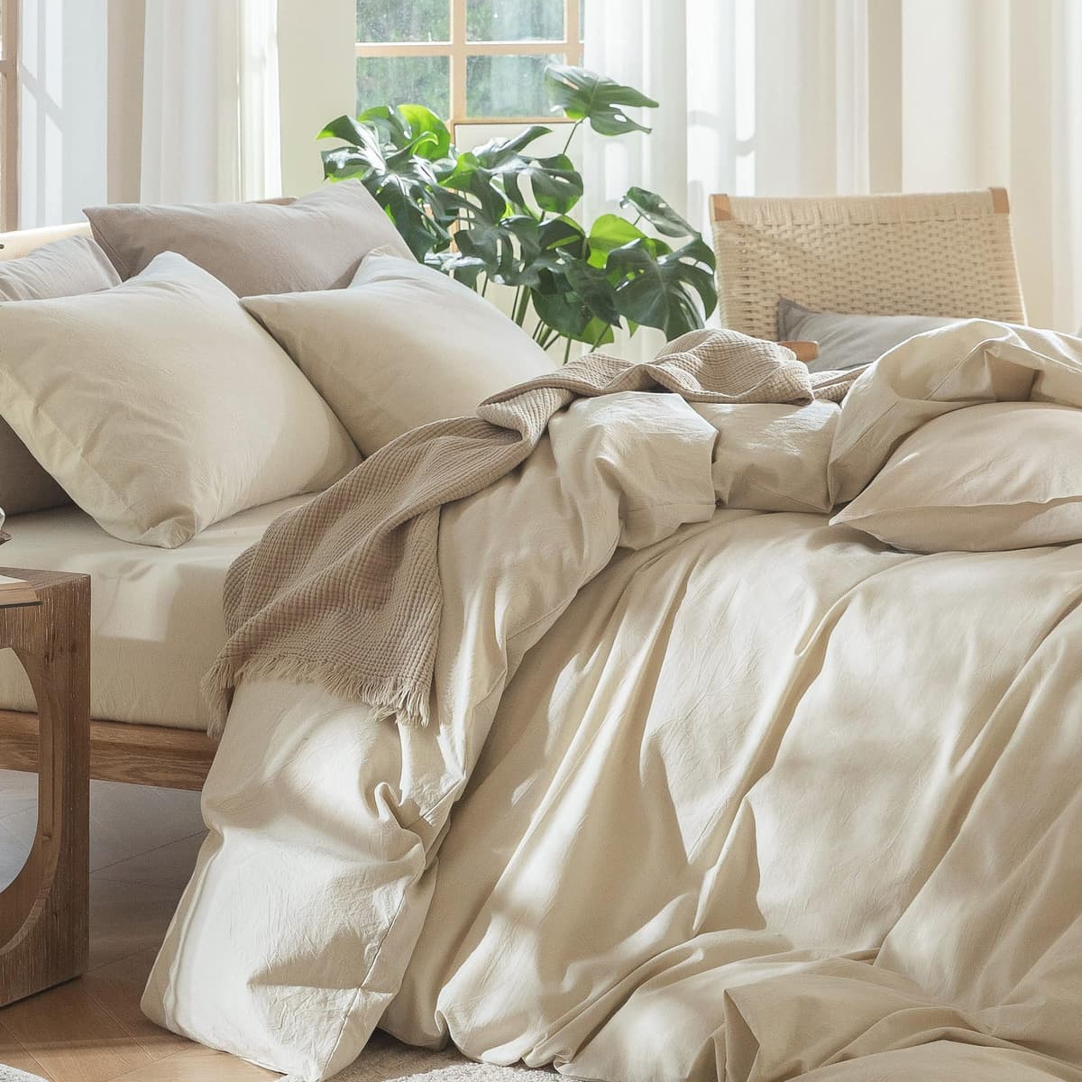 MooMee Bedding Duvet Cover Set 100% Washed Cotton Linen Like Textured Breathable Durable Soft Comfy (Tannish Linen Grey, King) — view 260