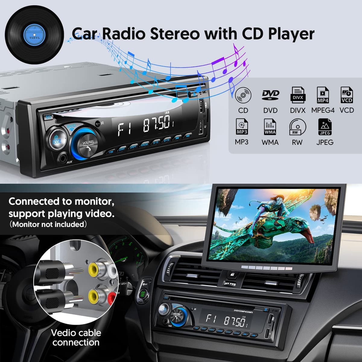 RDS Car Stereo Bluetooth with CD DVD Player, Wistrue FM/AM Car Radio Bluetooth Handsfree with 2 USB/SD/AUX, Single Din Car Stereo 7 Colors MP3 Player,Fits 9-24V Vehicles — view 2