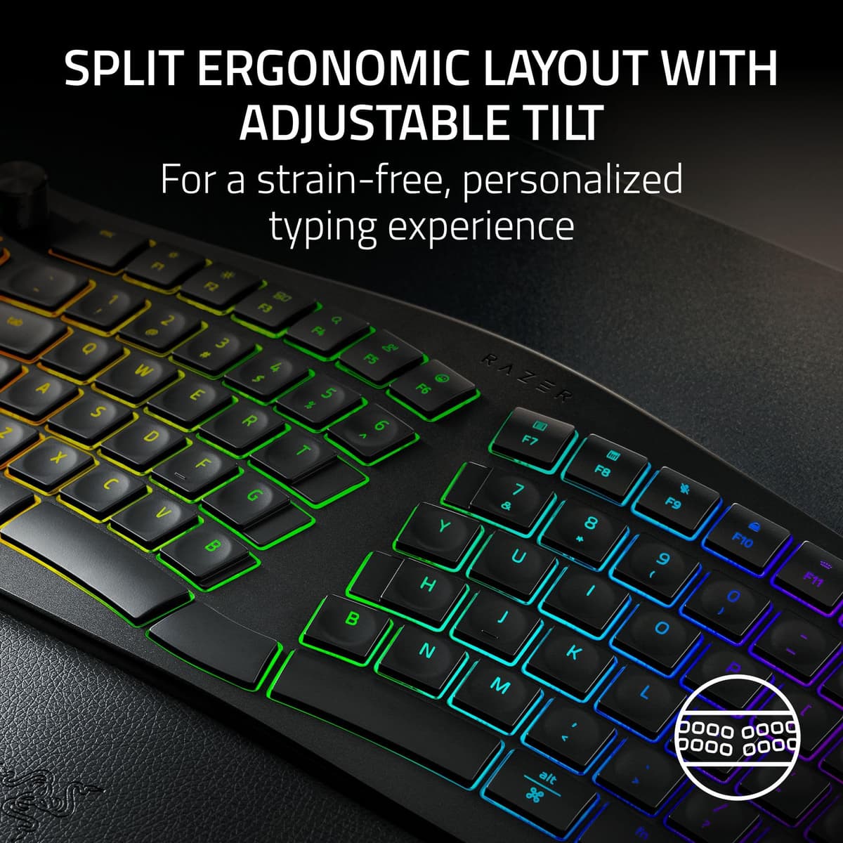 Razer Pro Type Ergo Wireless Split Ergonomic RGB Keyboard: Adjustable Tilt, Wrist Rest, Natural Typing, Multi Device Connectivity (2.4 GHz, Bluetooth, USB Type C), Windows/Mac Compatible - Black — view 2
