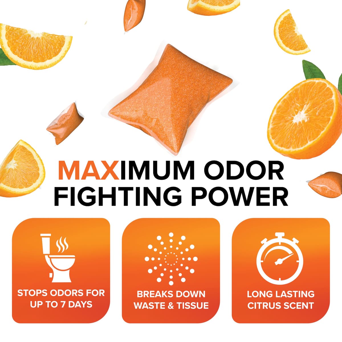 Camco TST MAX RV Toilet Treatment Drop-INs - Control Unwanted Odors & Break Down Waste and Tissue - Safe Septic Tank Treatment - Orange Scent, 30-Pack (41183) — view 4