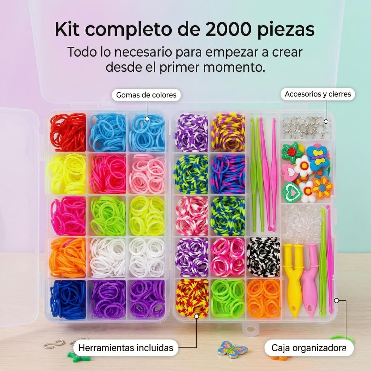 Kit gomas para hacer pulseras de 2000 piezas | Kit pulseras de 24 colores ideal para niña con abalorios y herramientas | Set creativo con cuentas para hacer pulseras, manualidades y regalo original — view 3