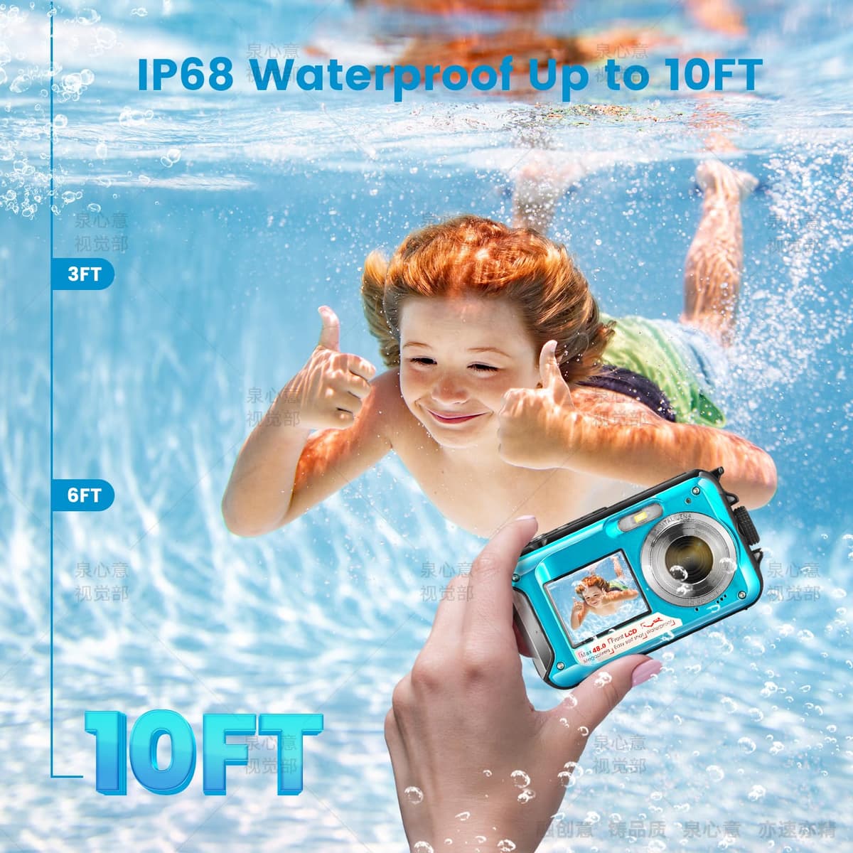 Cámara Digital Impermeable, Cámara Submarina HD 2.7K 48MP con Doble Pantalla para Buceo 3M para Nadar, Zoom Digital 16X Anti-Vibración, Azul — view 4