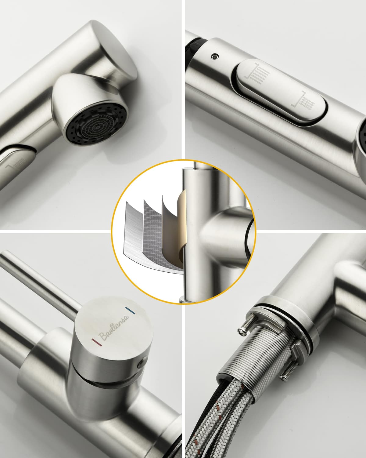 Grifo de cocina Baollansa, grifo extractable con alta presión, grifo de fregadero de cocina con ducha, 2 tipos de chorro de agua, grifo de cocina de acero inoxidable, giratorio 360° (cepillado) — view 5