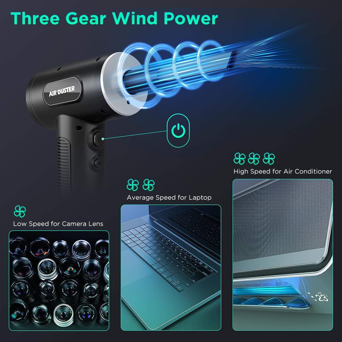 ONEWAY Compressed Air Duster Cleaner for PC, Electric Air Duster Rechargable,Cordless Reusable Air Blower Duster with LED Light,3 Gear Digital Air Duster,Replace Canned Air Duster for Laptop,Keyboard — view 3